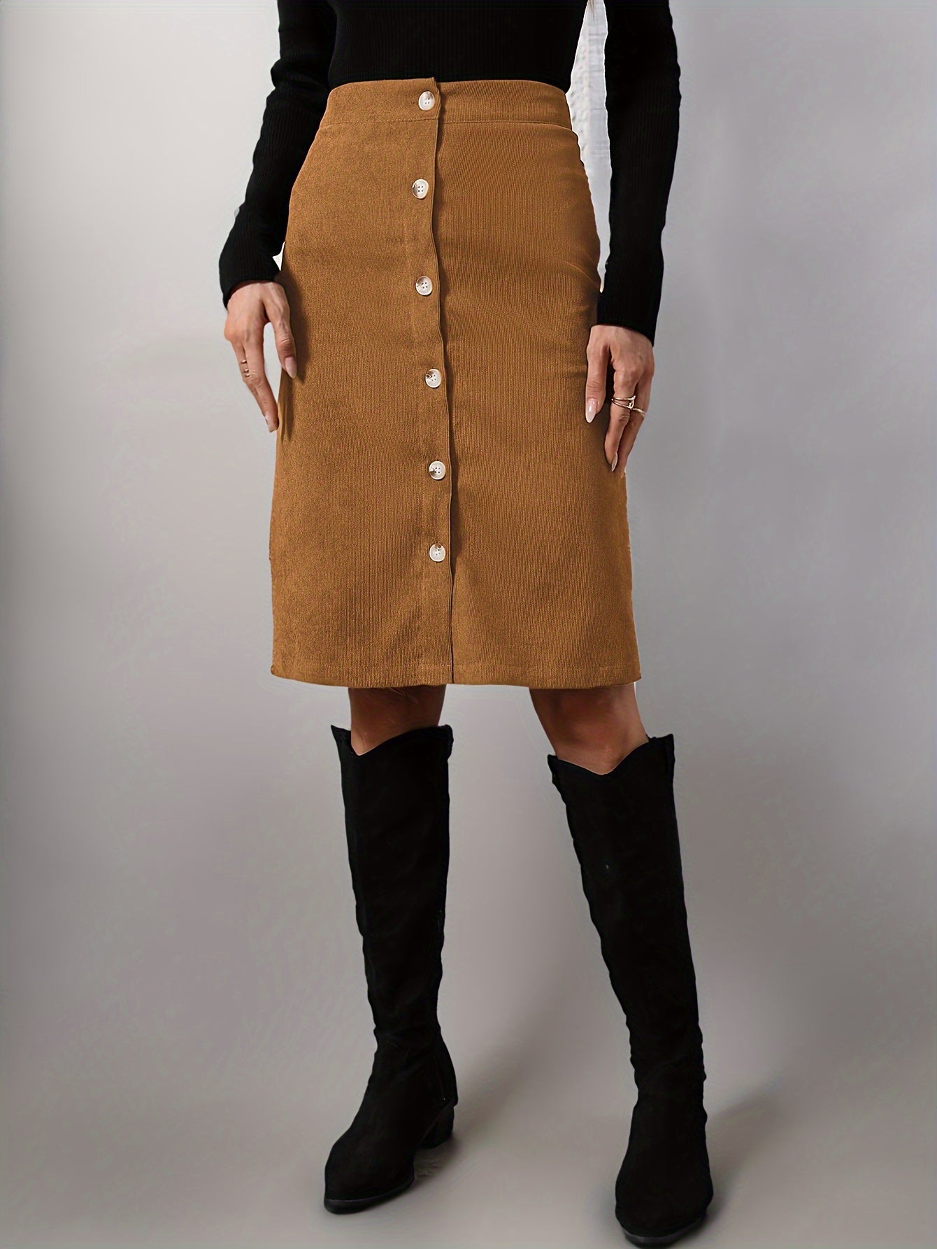Solid Button Front Corduroy Skirt, Casual High Waist Knee Length Skirt, Women's Clothing
