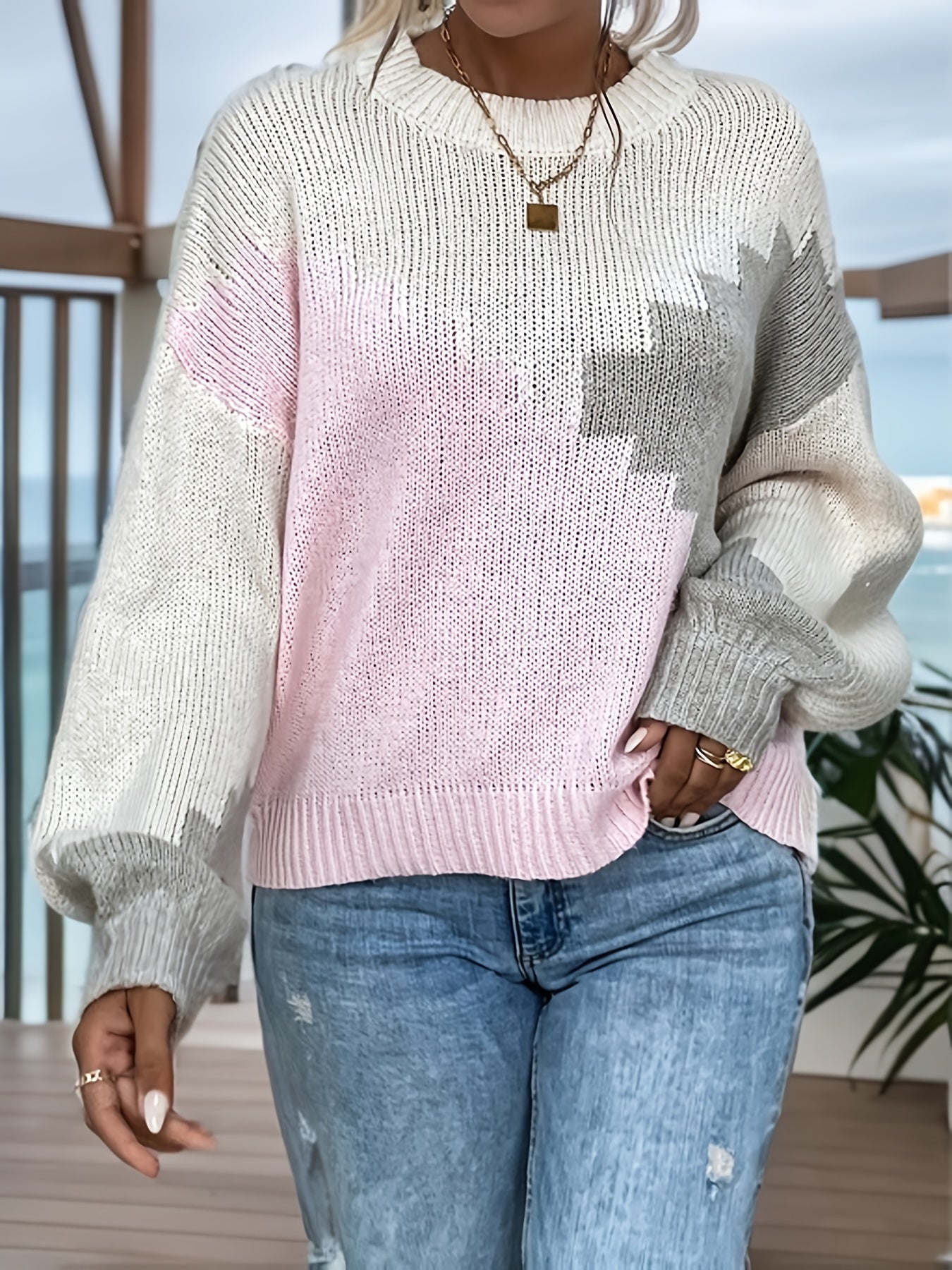 vlovelaw Color Block Crew Neck Sweater, Casual Long Sleeve Drop Shoulder Sweater, Women's Clothing