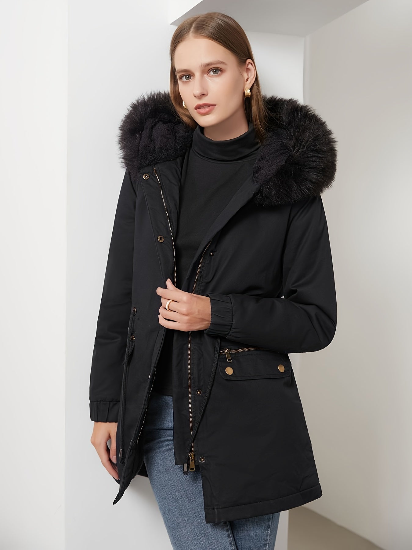 100% Solid Color Women's Mid-Length Thickened Fleece-Lined Warm Cotton Parka Coat with Faux Fur Hood - Casual Polyester Winter Fashion Jacket