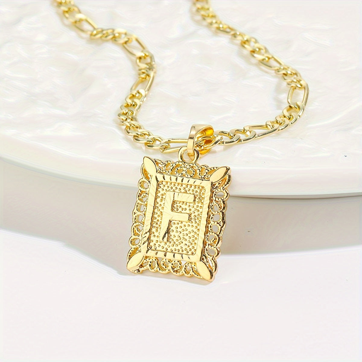 18K Gold Plated Square Monogram Pendant Necklace - Fashionable Personalized Alphabet Letter A-Z Figaro Chain Necklace for Men and Women - Copper Material, No Magnetic, No Mosaic, Plating-Free, Stylish Jewelry for Any Occasion