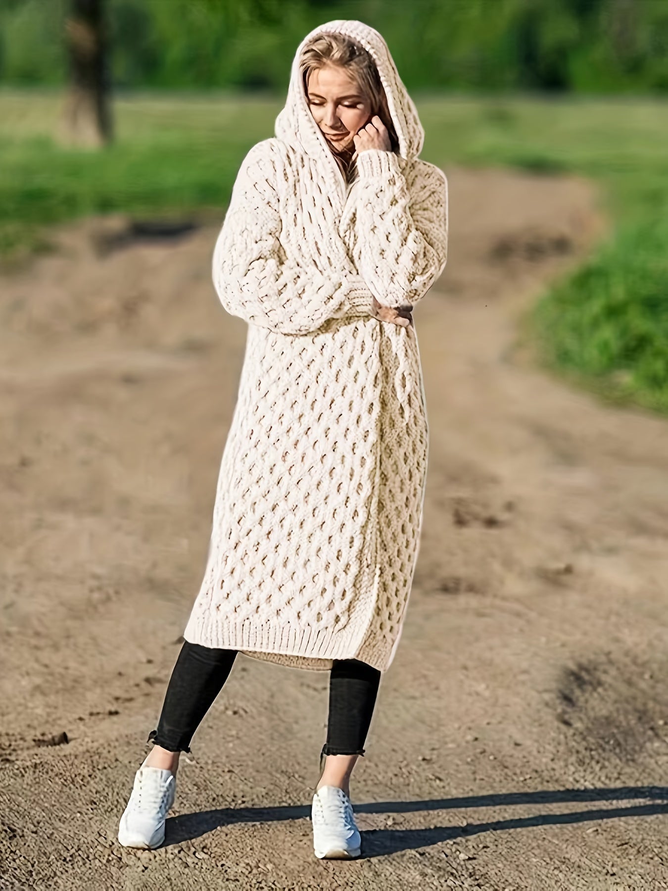 Solid Open Front Hooded Cardigan, Casual Long Sleeve Long Length Sweater For Fall & Winter, Women's Clothing