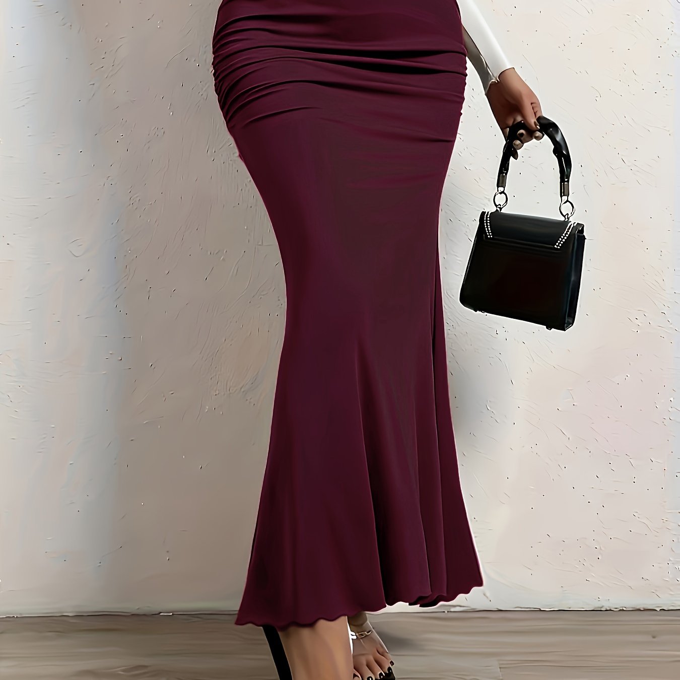vlovelaw Plus Size Sexy Skirt, Women's Plus Solid Side Ruched Elastic High Rise Medium Stretch Maxi Mermaid Skirt