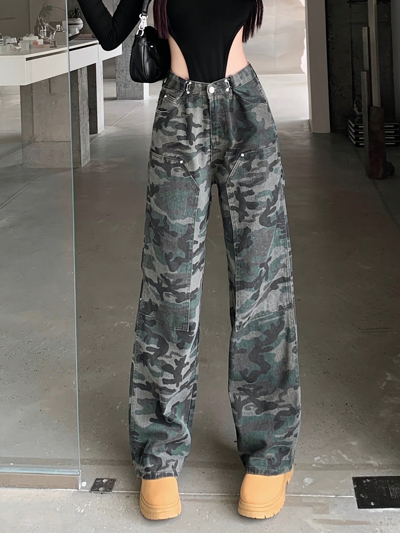 vlovelaw Camouflage Buckle Waist Adjustable Cargo Jeans, High Rise Loose Casual Denim Pants, Women's Denim Jeans & Clothing