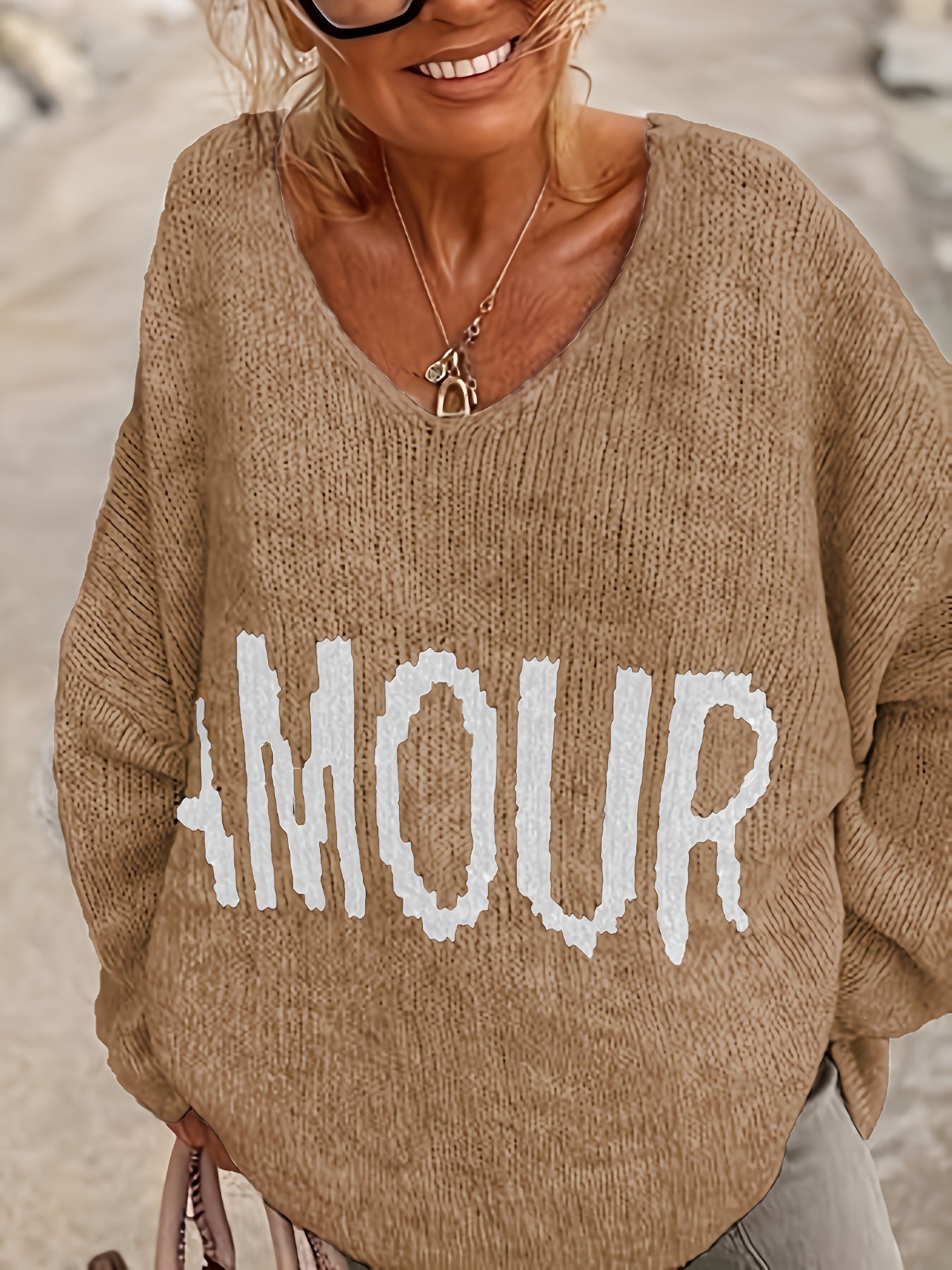Letter Pattern V Neck Pullover Sweater, Casual Long Sleeve Drop Shoulder Sweater, Women's Clothing