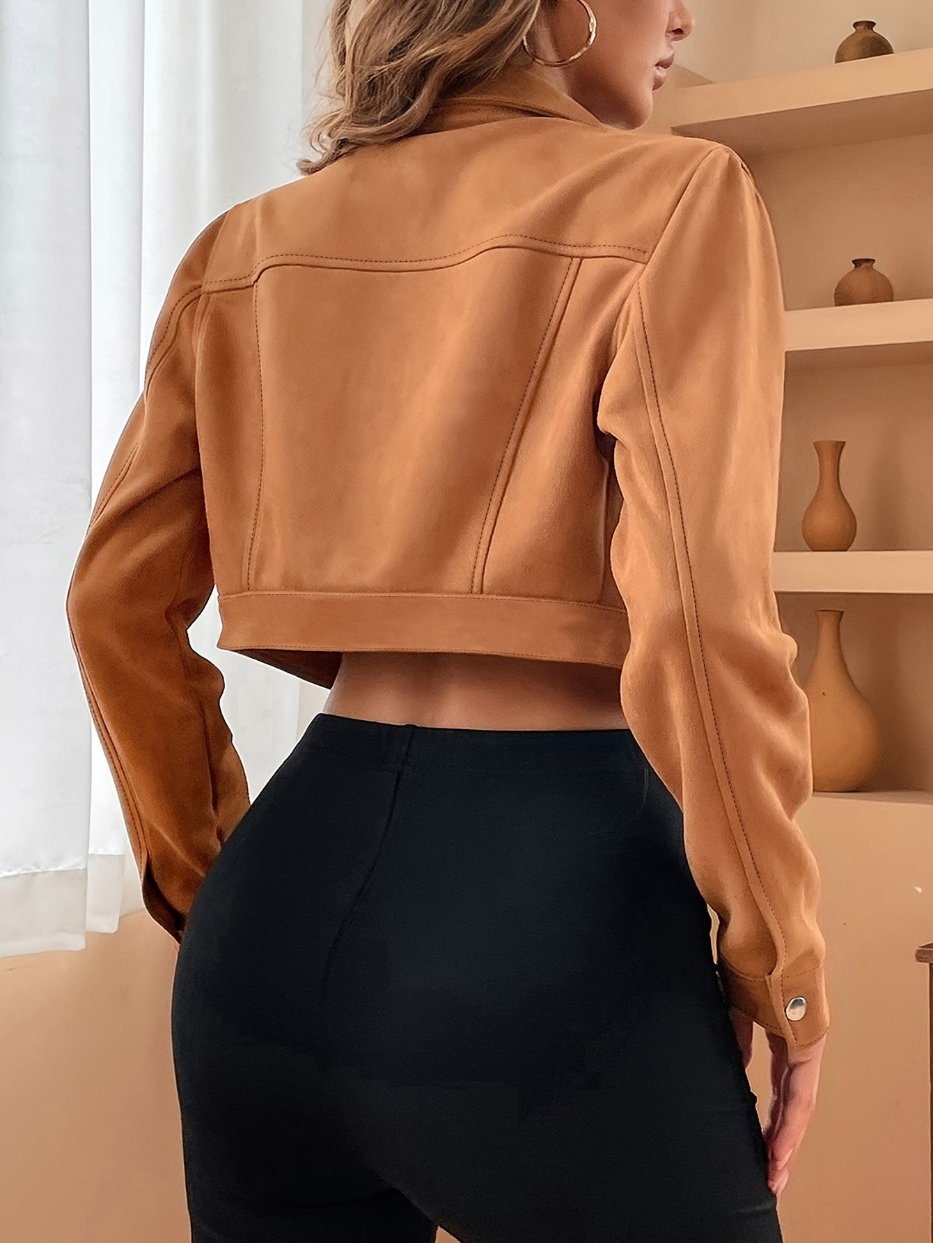 vlovelaw  Solid Button Front Jacket, Casual Crop Long Sleeve Jacket, Women's Clothing