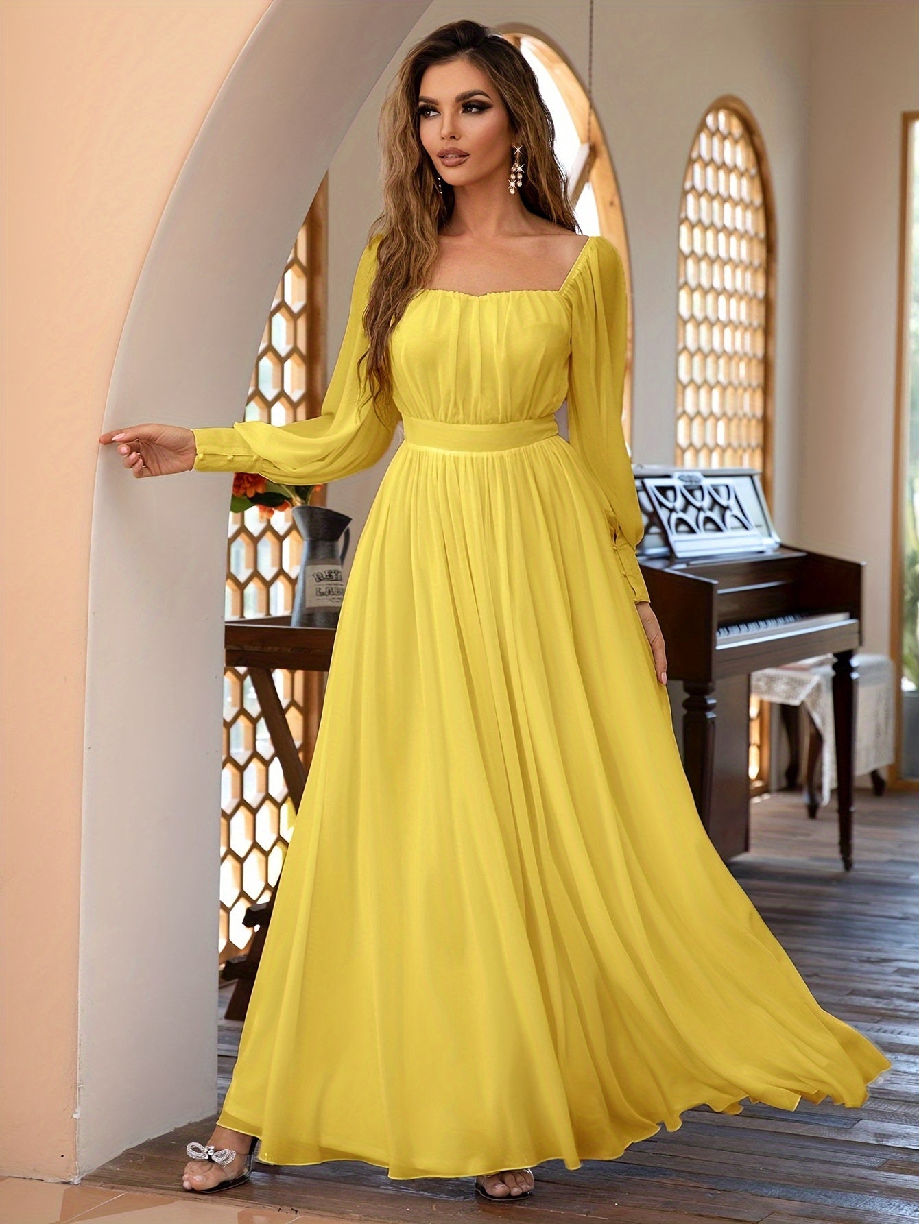 vlovelaw Solid Simple Dress, Elegant Long Sleeve Maxi Dress, Women's Clothing