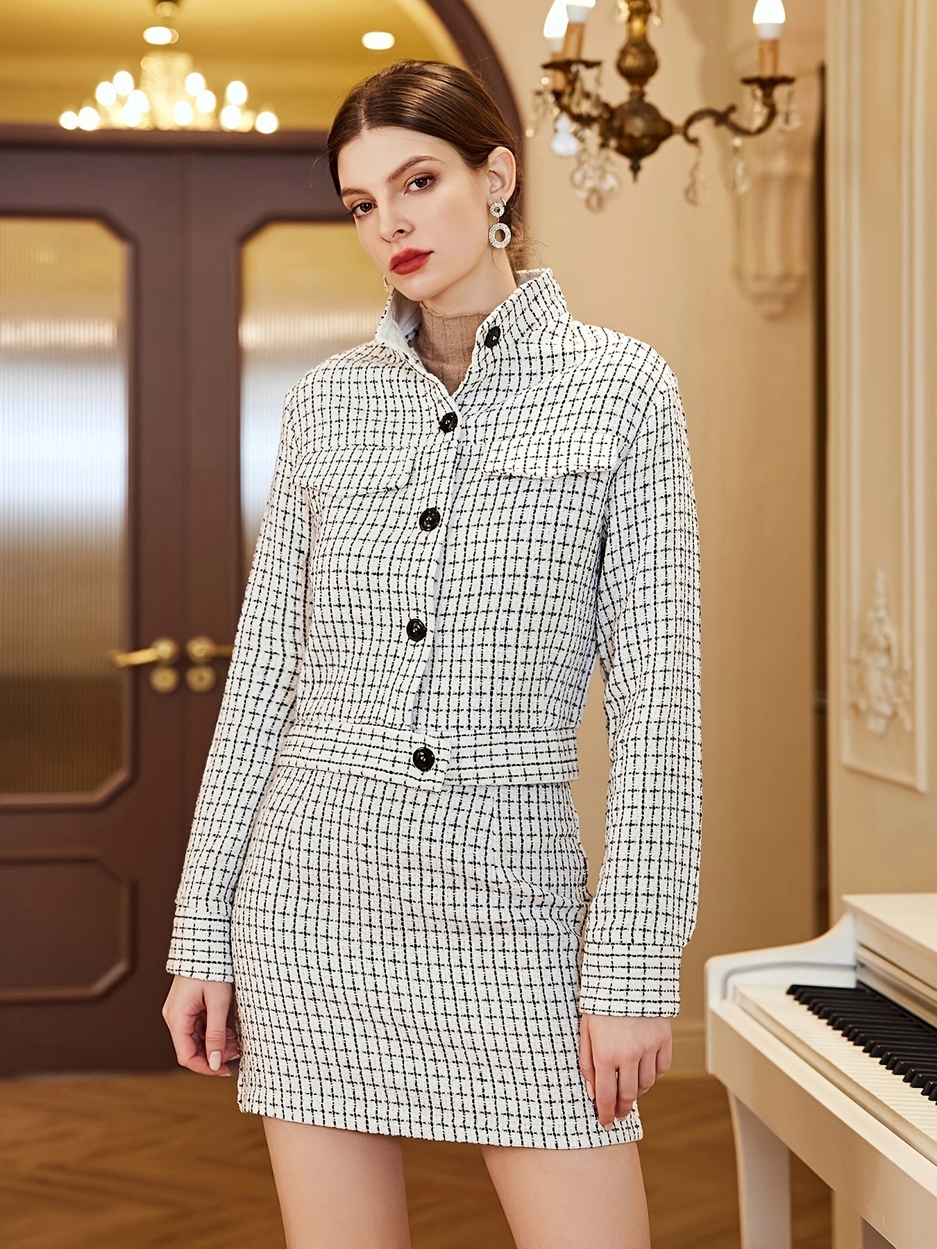 Plaid Button Front Fall & Winter Jacket, Elegant Long Sleeve Outerwear, Women's Clothing