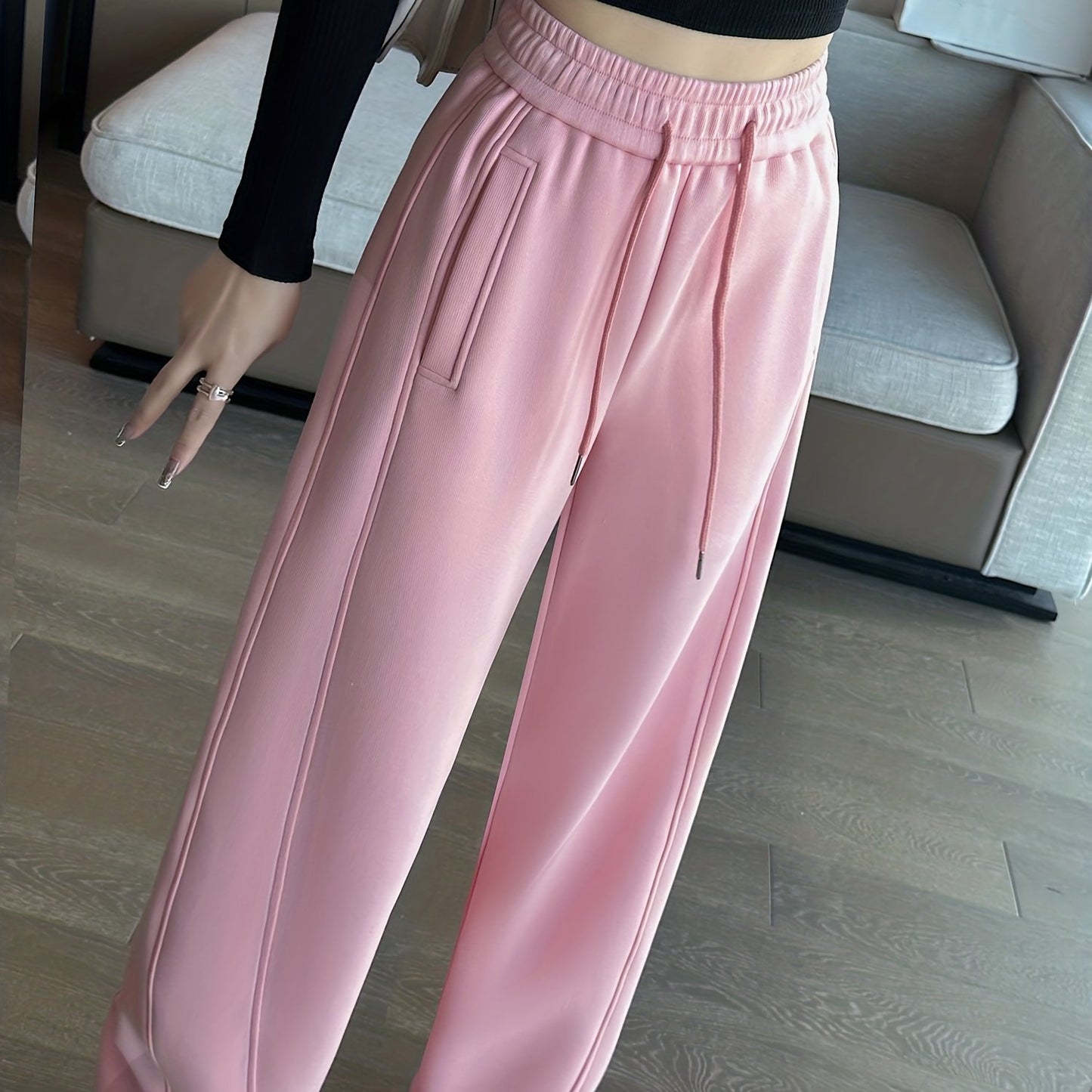 Pocket Solid Straight Leg Pants, Casual Drawstring Elastic Waist Pants, Women's Clothing