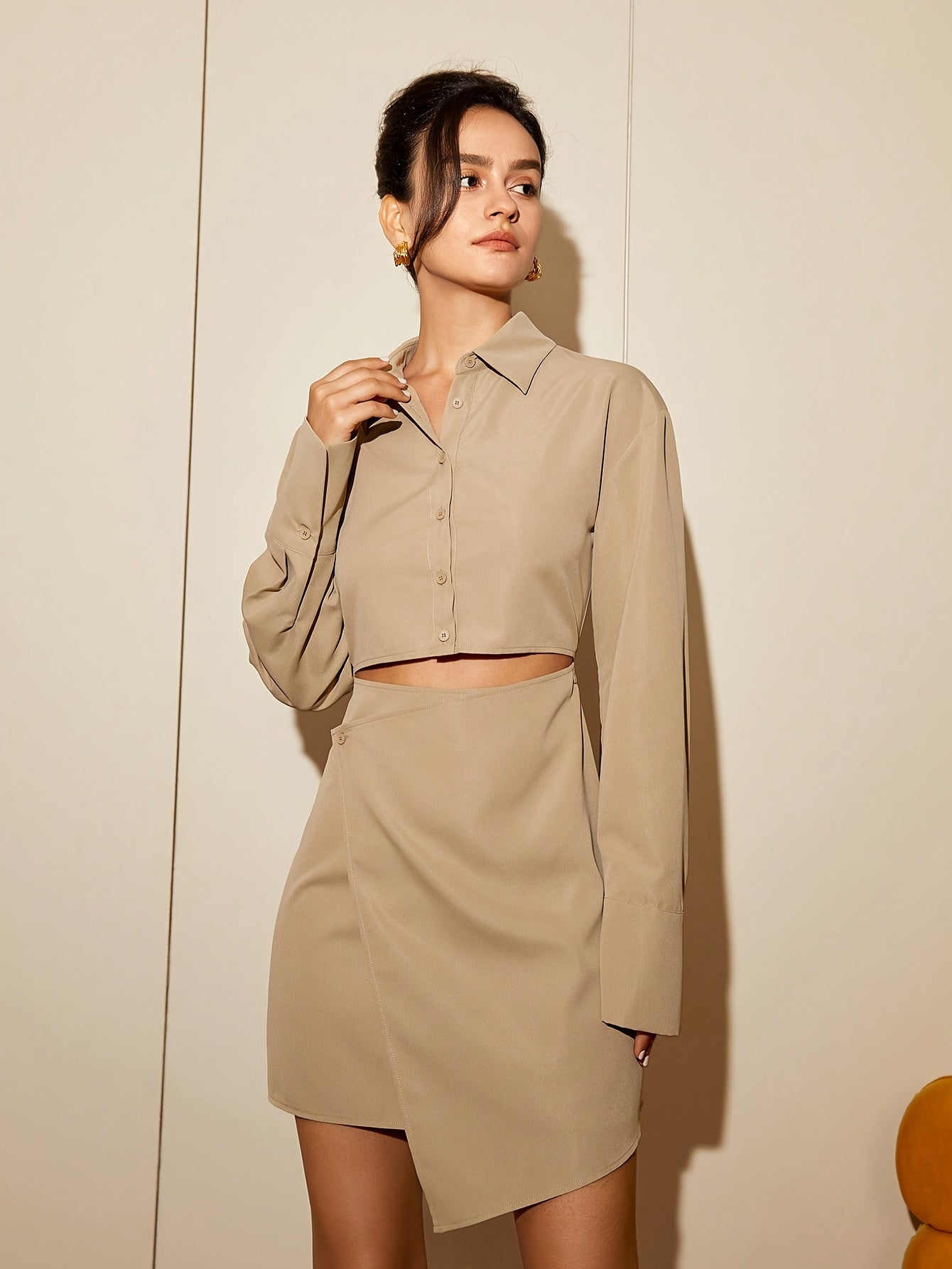 vlovelaw Solid Cut Out Waist Shirt Dress, Casual Long Sleeve Lapel Collar Dress, Women's Clothing