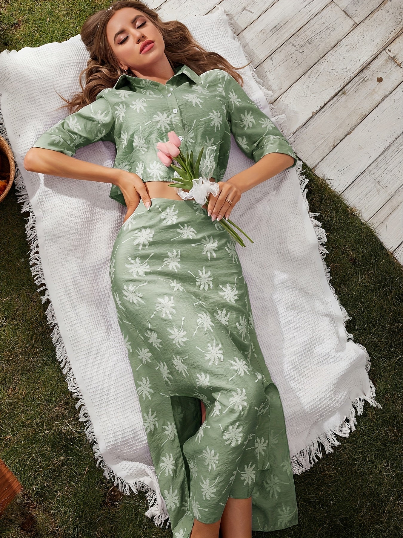 vlovelaw Coconut Tree Print Two-piece Set, Button Front Cropped Shirt & High Waist Split Skirts Outfits, Women's Clothing