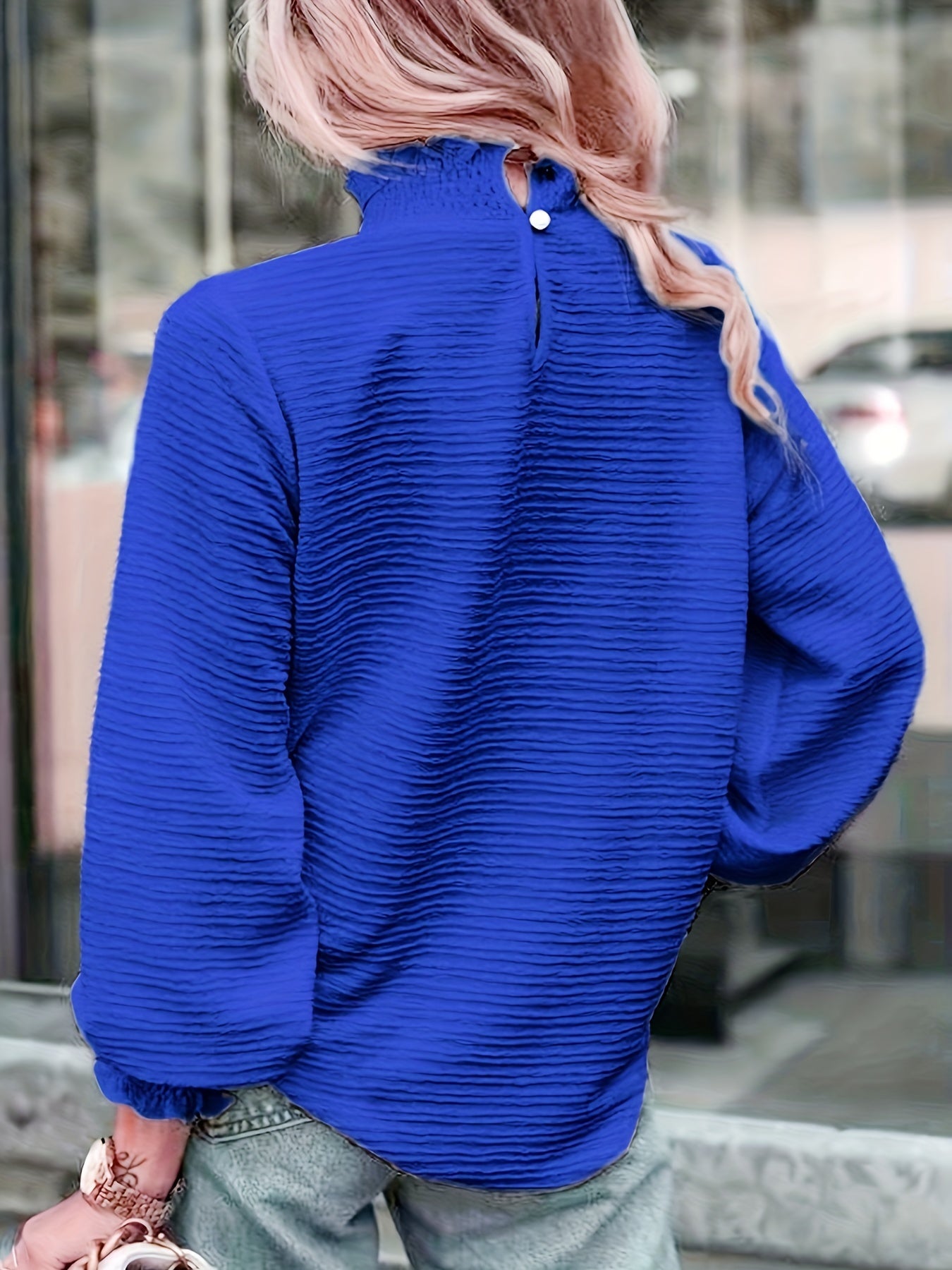 Women's Blouse High Neck Lettuce Trim Solid Texture Lantern Sleeve Tops