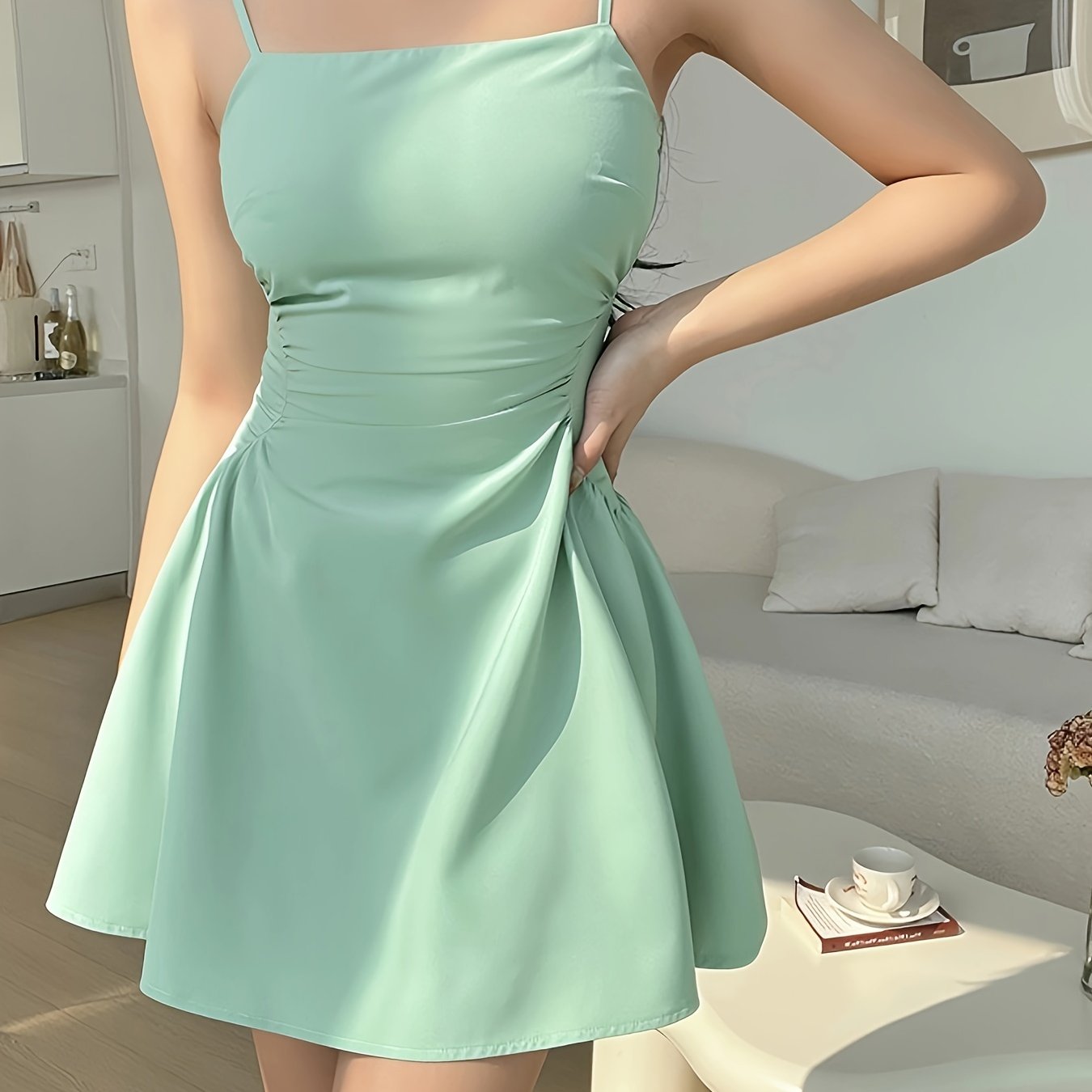 vlovelaw Solid Spaghetti Strap Dress, Chic Backless A-line Cami Dress, Women's Clothing