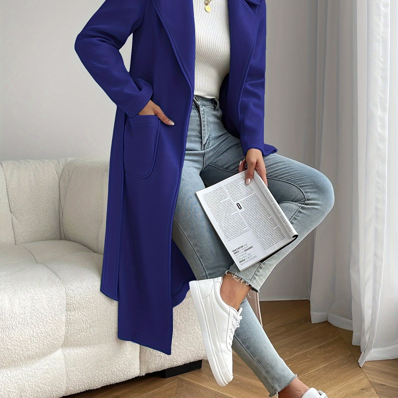 vlovelaw Dual Pocket Trench Coat, Tie Waist Solid Casual Coat For Winter & Fall, Women's Clothing