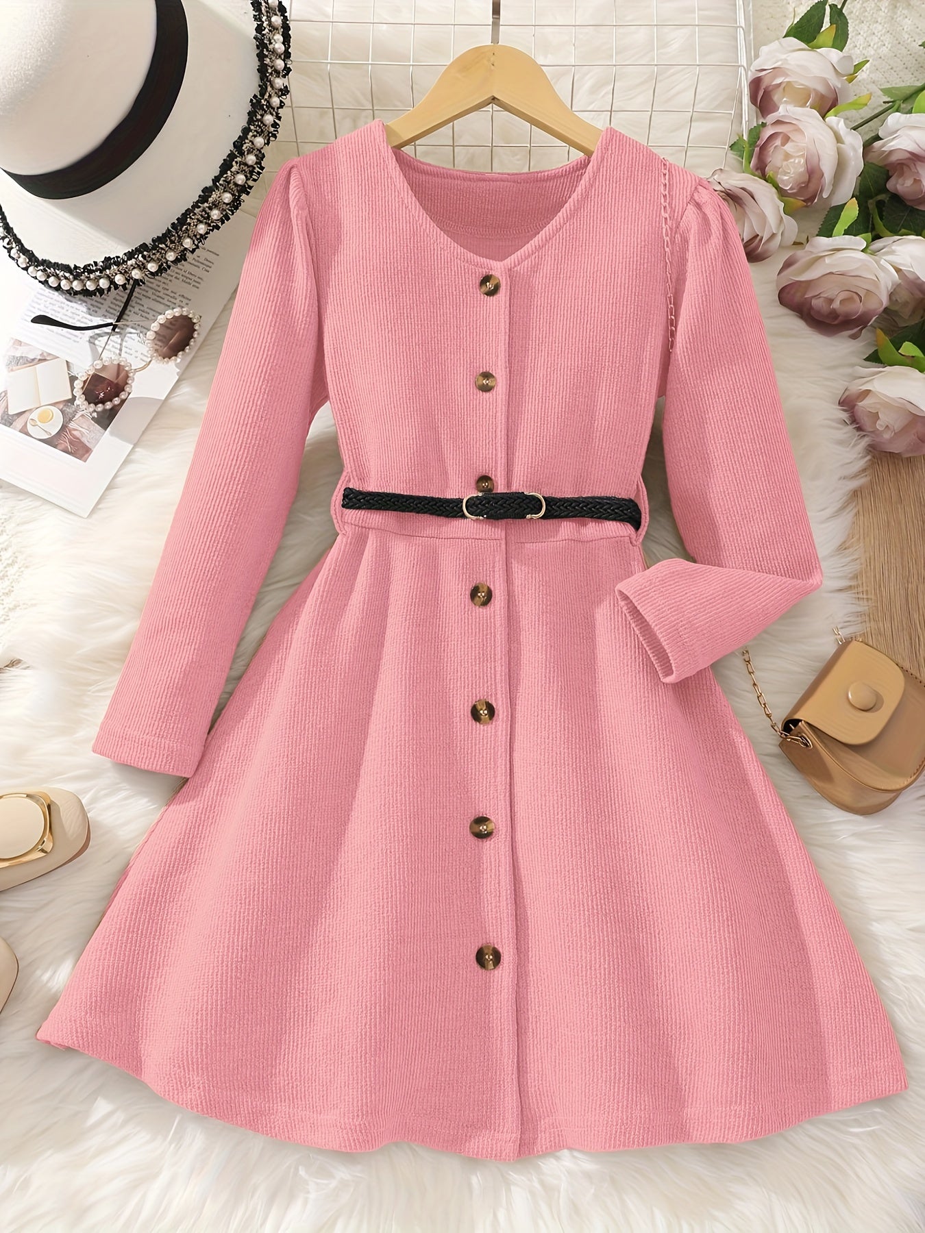 Girl's Elegant Textured Button Up Maxi Dress For Spring/autumn, Kids Clothing