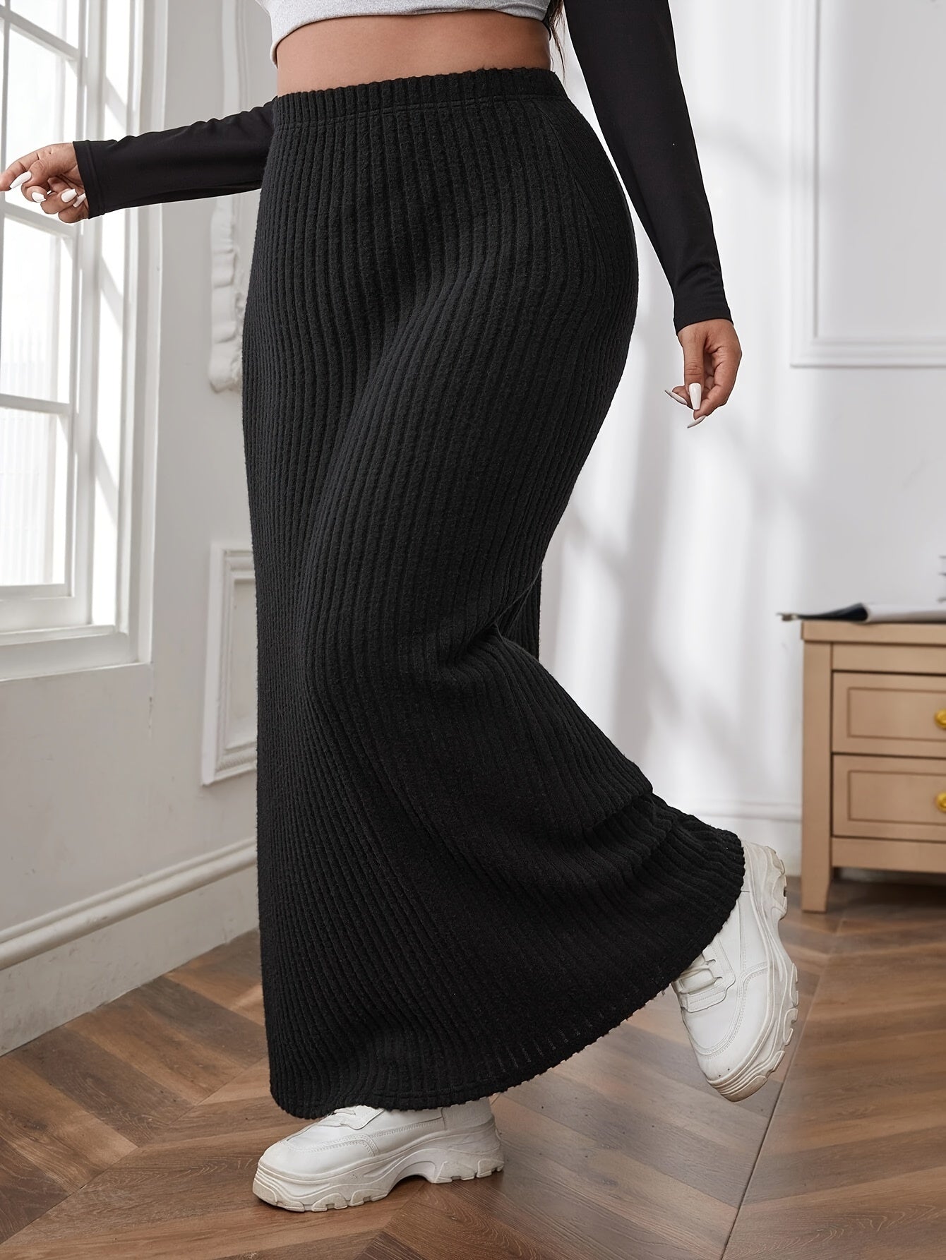 vlovelaw Plus Size Solid Ribbed Slim Skirt, Casual Every Day Elastic Waist Ankle Skirt, Women's Plus Size Clothing