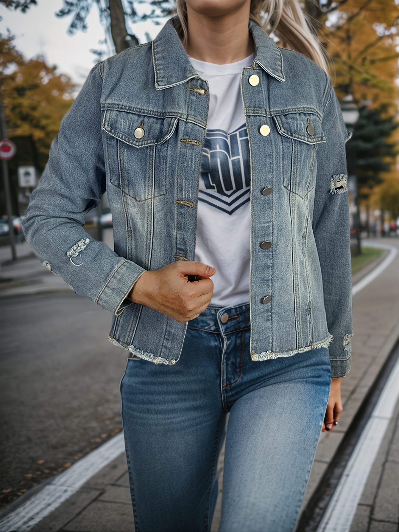 vlovelaw Long Sleeves Lapel Denim Coat, Ripped Holes Frayed Hem Casual Denim Jacket, Women's Denim Clothing