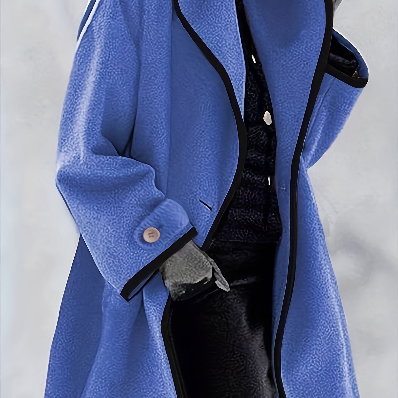 Plus Size Casual Coat, Women's Plus Solid Binding Single Breast Button Long Sleeve Lapel Collar Woolen Coat