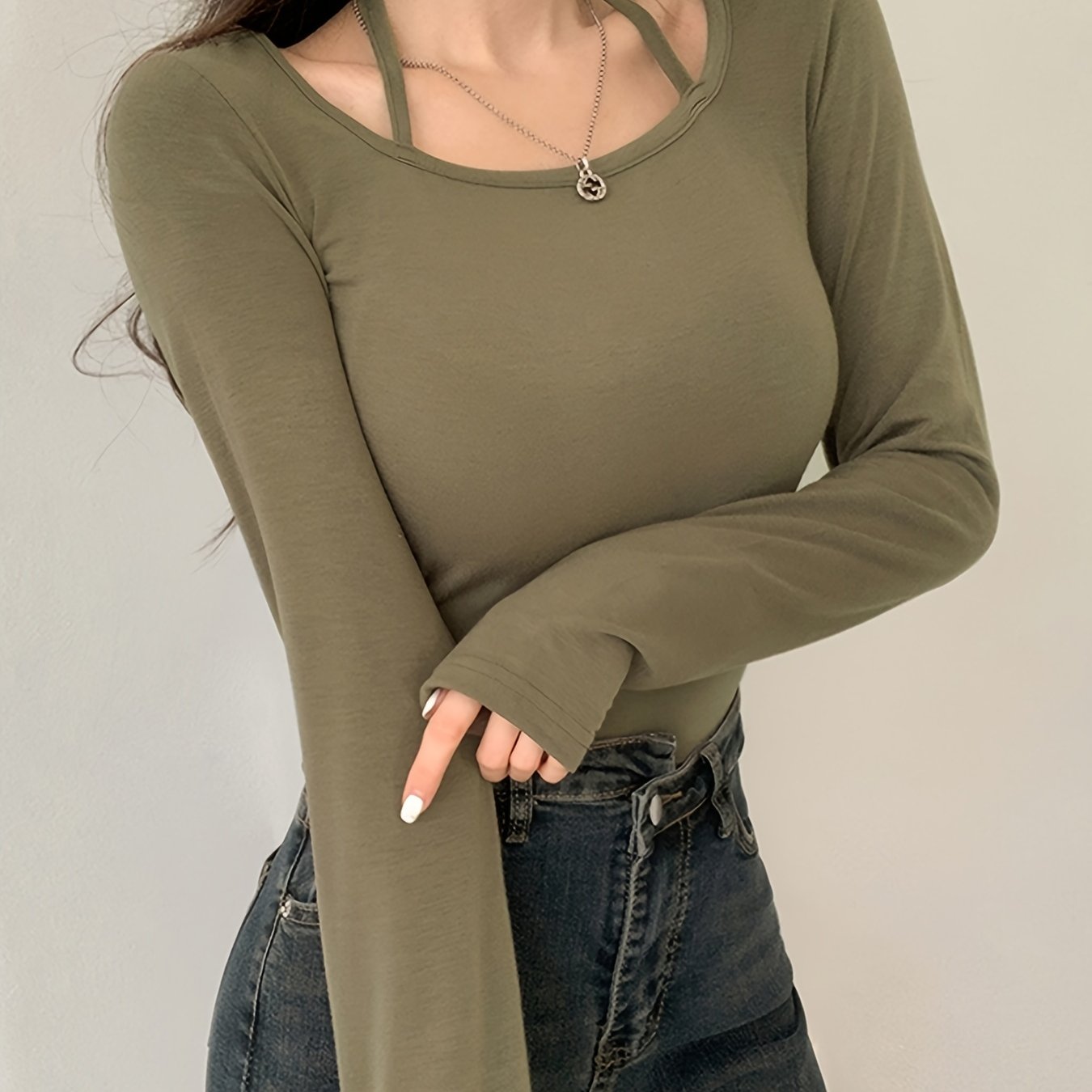 vlovelaw Solid Tied Crew Neck T-Shirt, Casual Long Sleeve Top For Spring & Fall, Women's Clothing