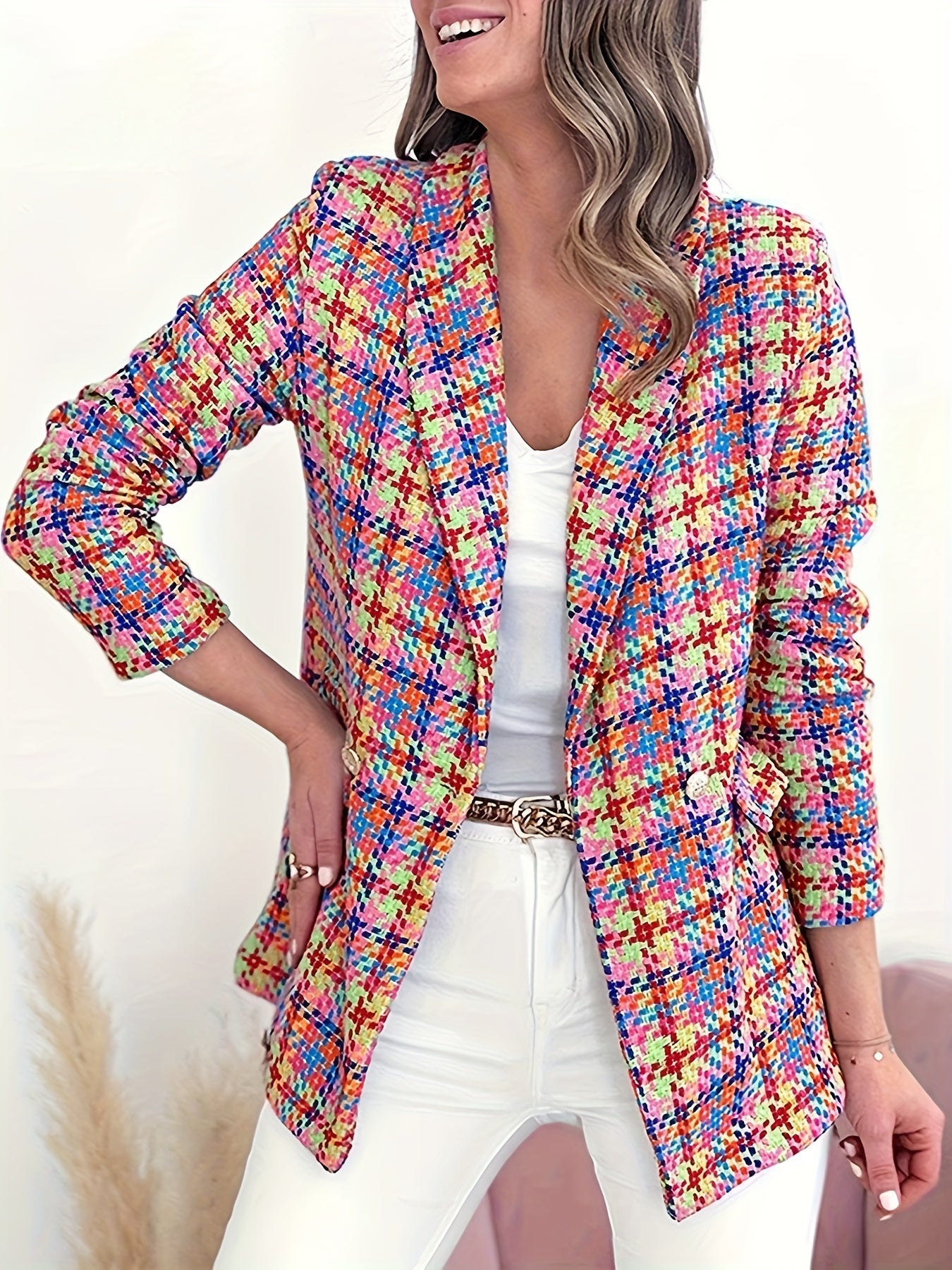 Plaid Pattern Open Front Blazer, Casual Long Sleeve Slim Blazer, Women's Clothing