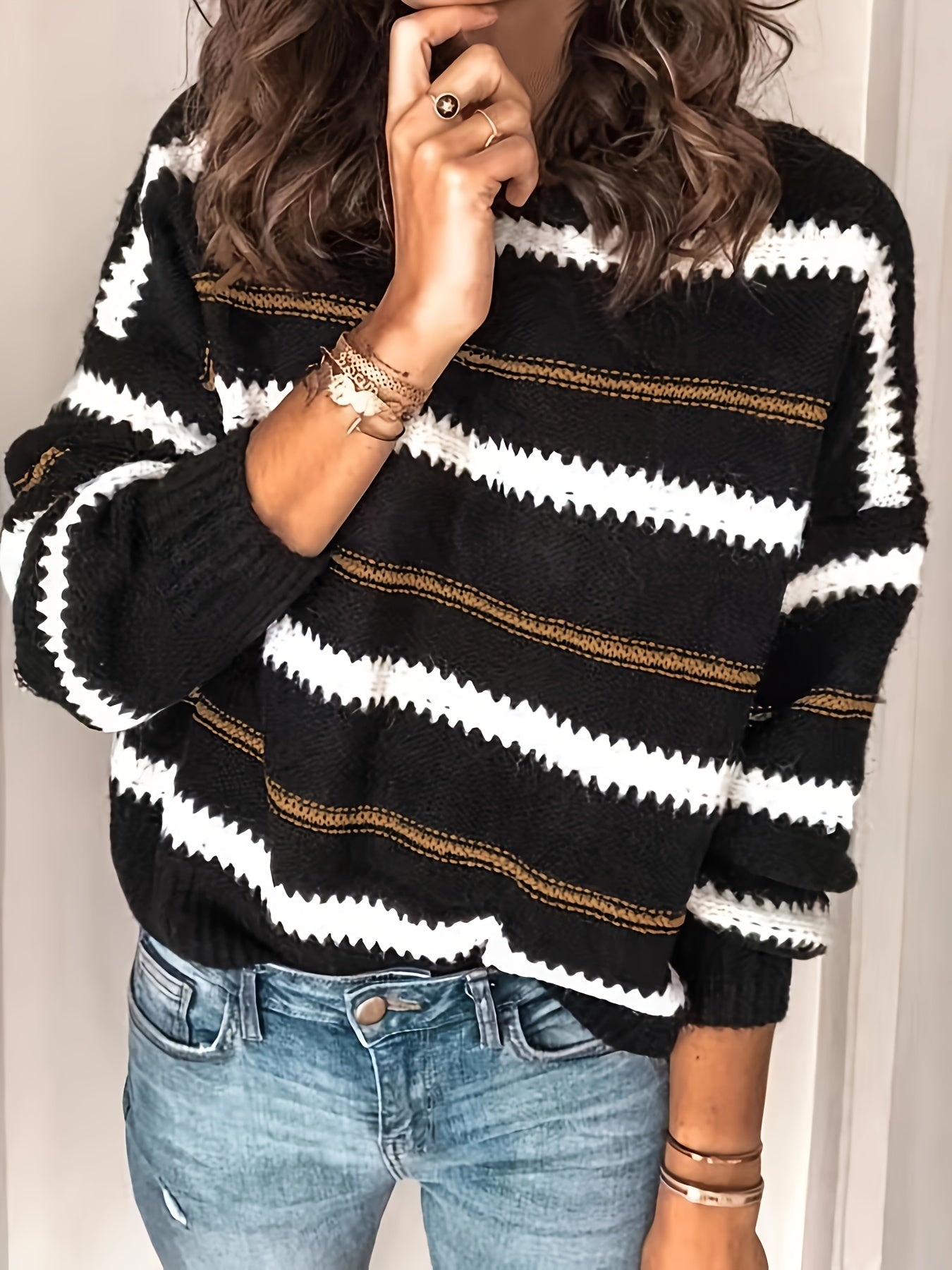 vlovelaw Striped Pattern Crew Neck Knitted Top, Casual Long Sleeve Pullover Sweater For Fall & Winter, Women's Clothing
