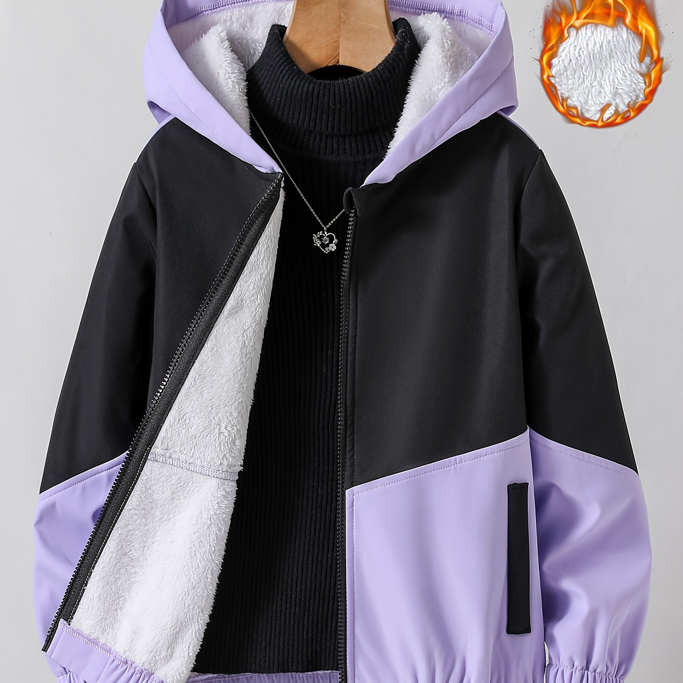 Girls Chevron Color Block Hooded Fleece Lined Windbreaker Jacket For Teen Kids Autumn And Winter