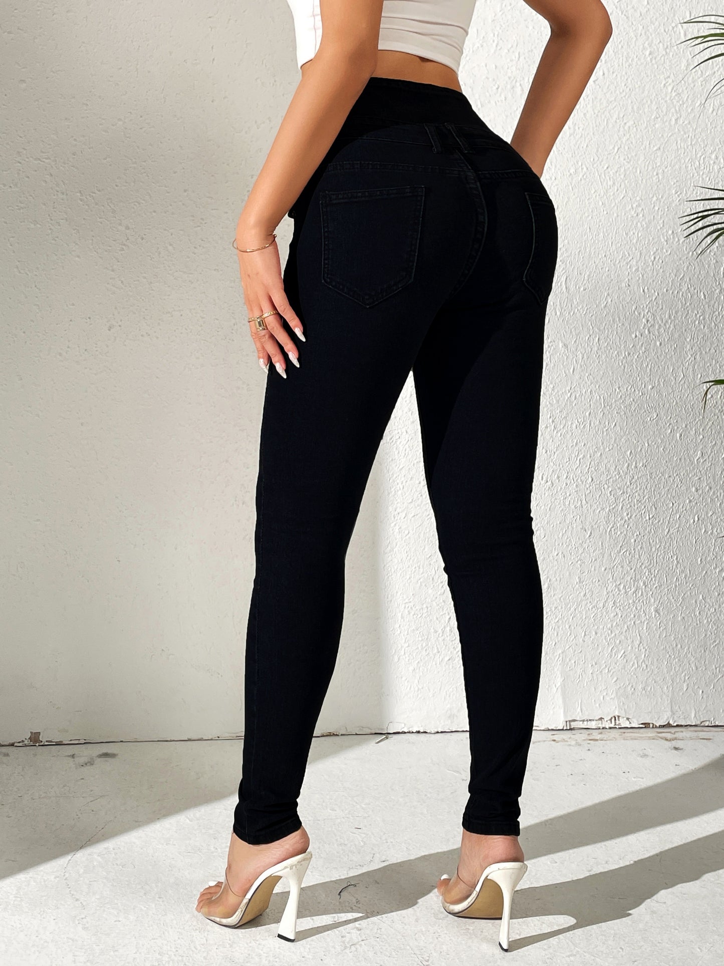 vlovelaw High Waist Solid Color Fit Women's Denim, High Stretch Slash Pockets Slim Trousers, Multi Crotch Buttons Curvy Black Pants, Women's Denim & Clothing