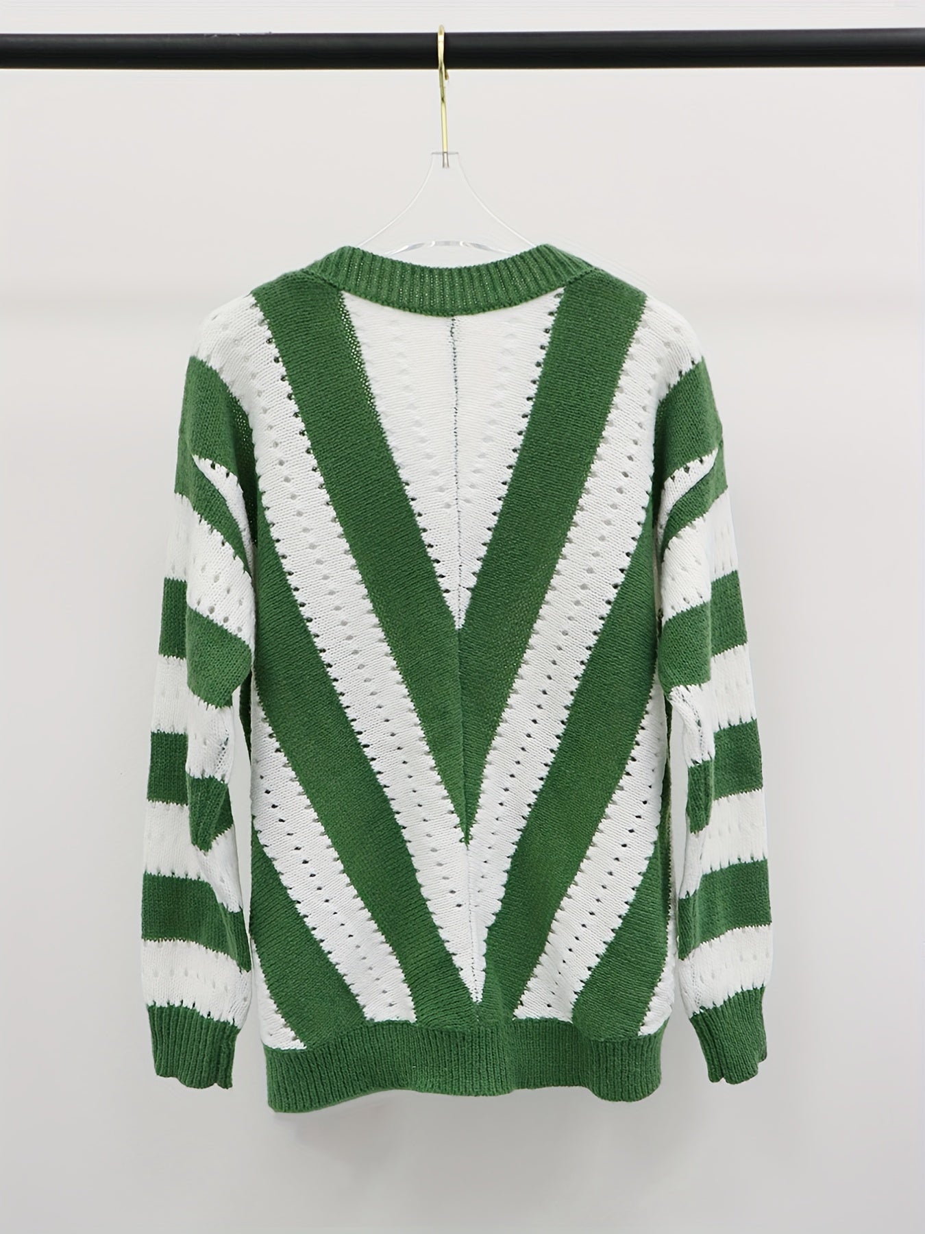 vlovelaw Color Block Eyelet Knit Sweater, Casual V Neck Long Sleeve Sweater, Women's Clothing