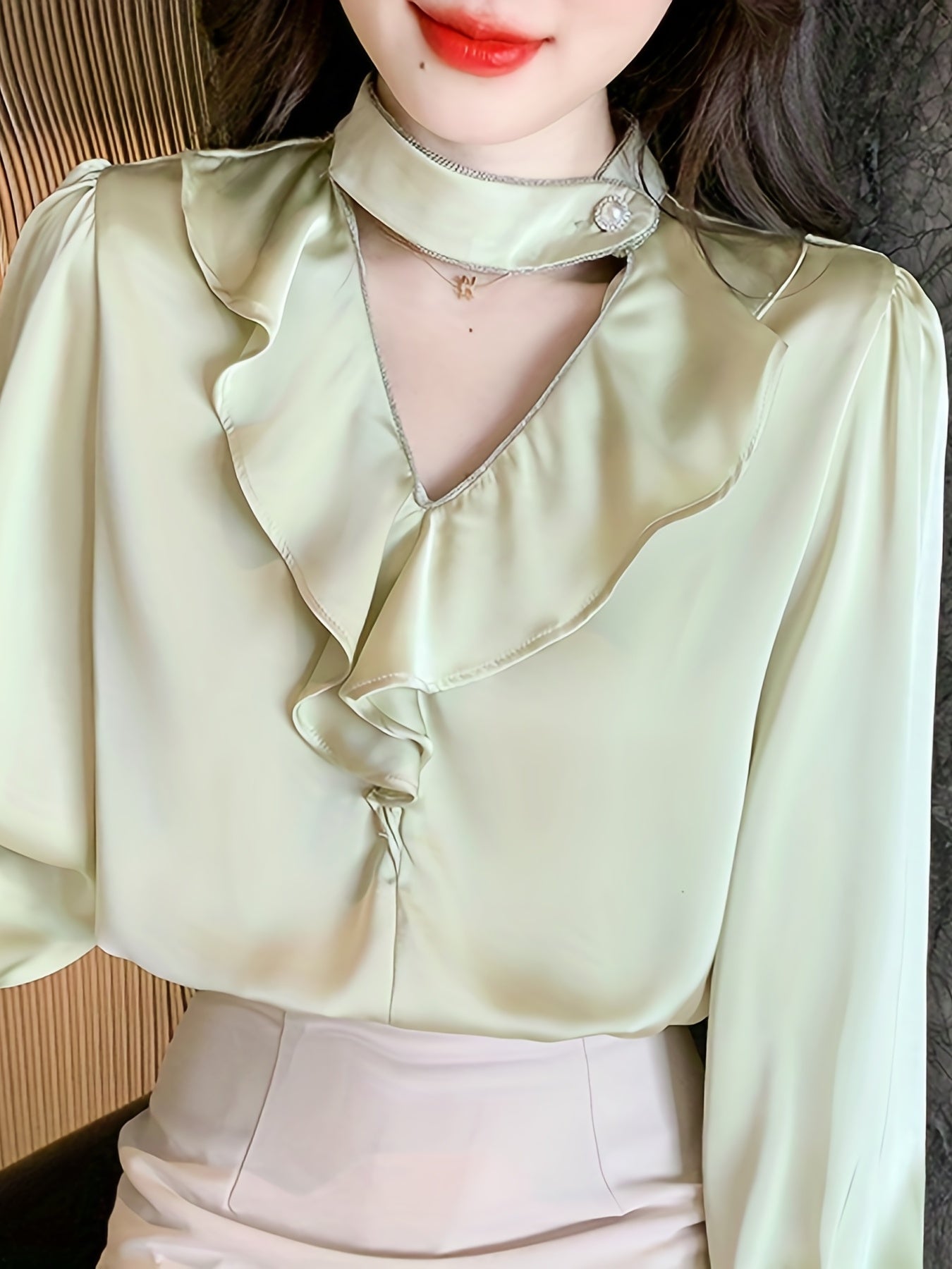 Solid Ruffle Choker Neck Blouse, Elegant Lantern Long Sleeve Blouse For Spring & Fall, Women's Clothing