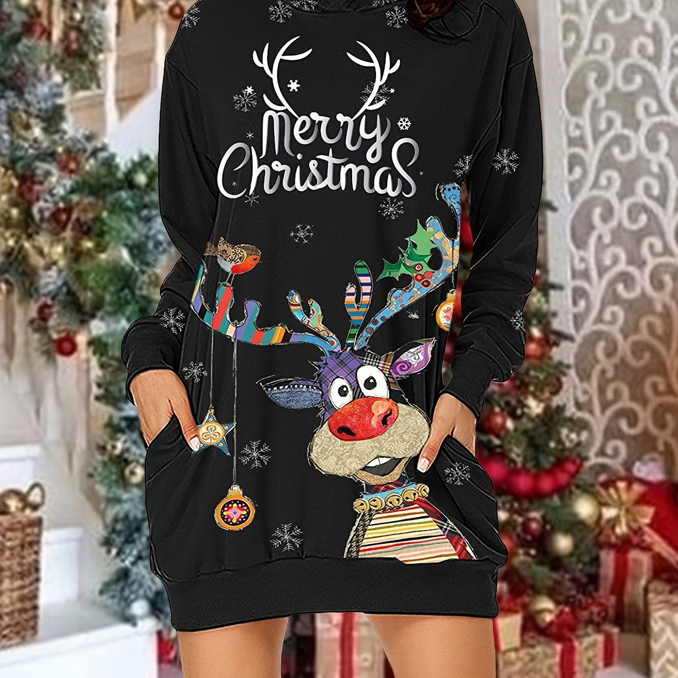 vlovelaw Christmas Print Casual Hoodie Dress Long Sleeve Hooded Dress