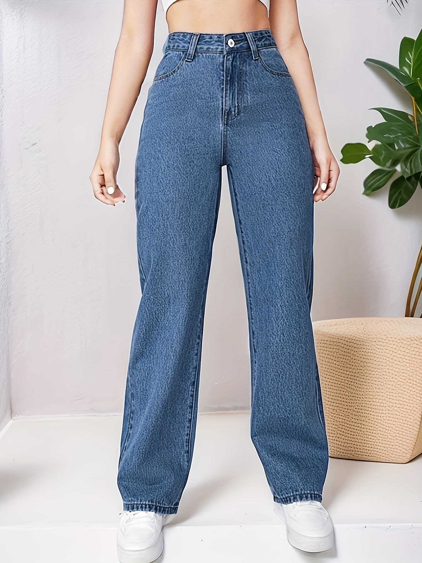 vlovelaw Blue Loose Fit Straight Jeans, High Waist Non-Stretch Slash Pockets Denim Pants, Women's Denim Jeans & Clothing