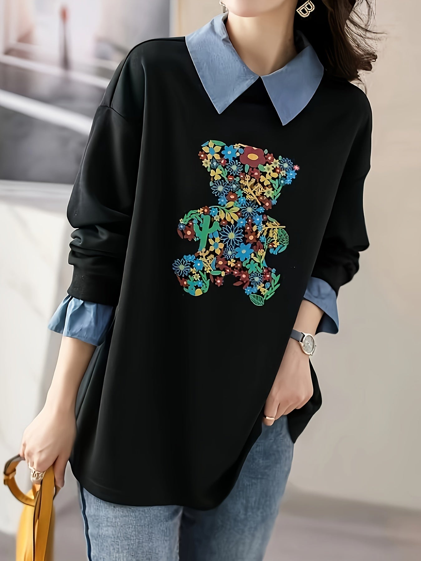 vlovelaw Bear Pattern Faux Twinset Sweatshirt, Casual Long Sleeve Lapel Sweatshirt, Women's Clothing