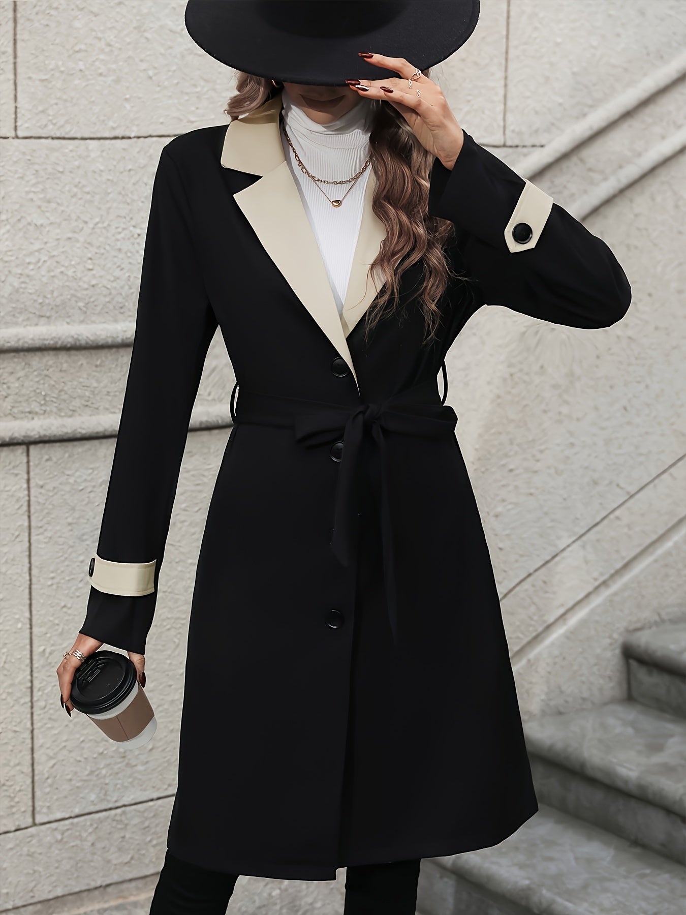 vlovelaw Button Front Contrast Trim Trench Coat, Casual Long Sleeve Trench Coat, Women's Clothing