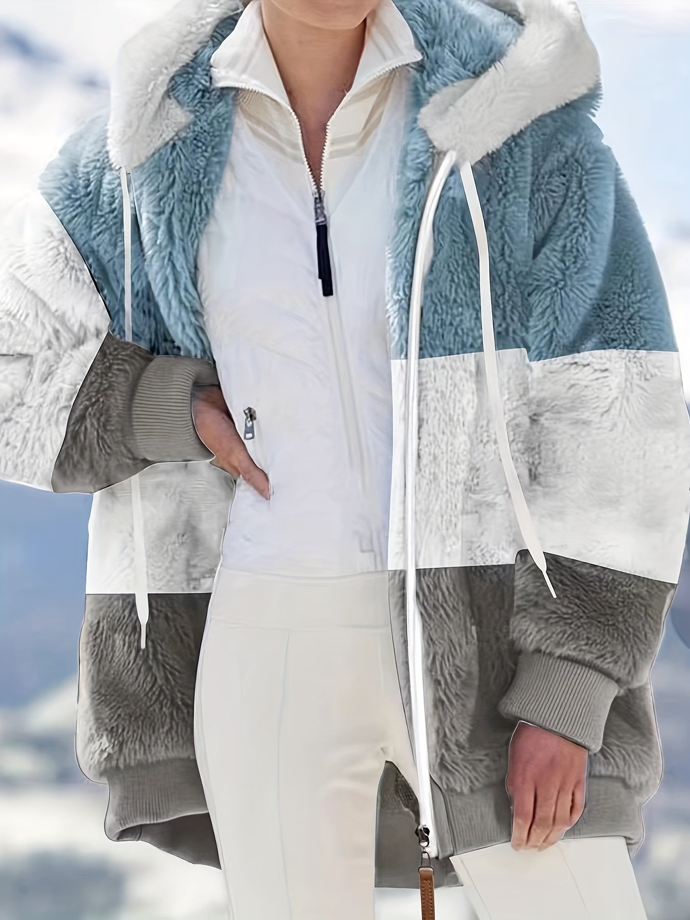 vlovelaw Color Block Hooded Teddy Coat, Casual Zip Up Long Sleeve Winter Warm Outerwear, Women's Clothing