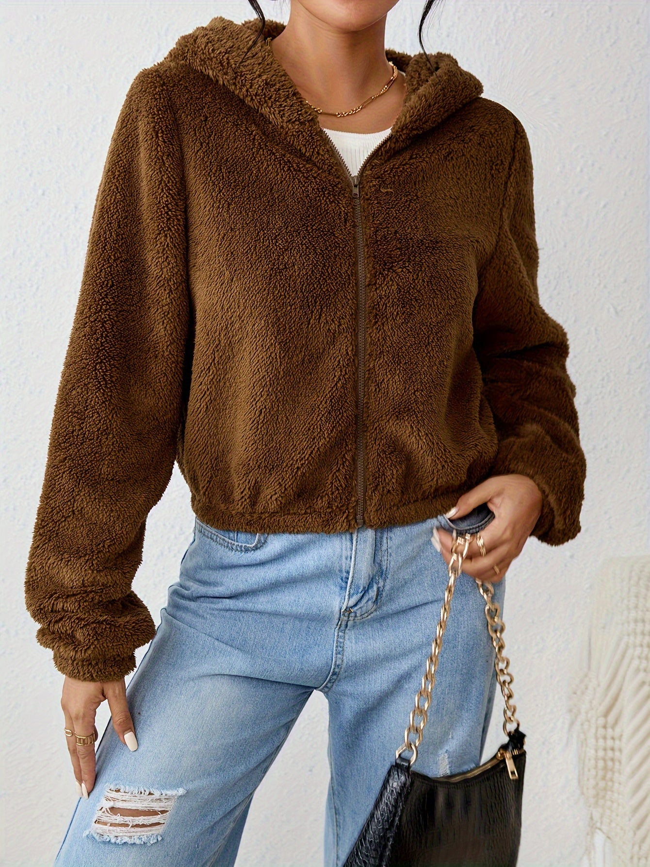 Bear Ears Hooded Fall & Winter Jacket, Elegant Solid Zip Up Long Sleeve Outerwear, Women's Clothing