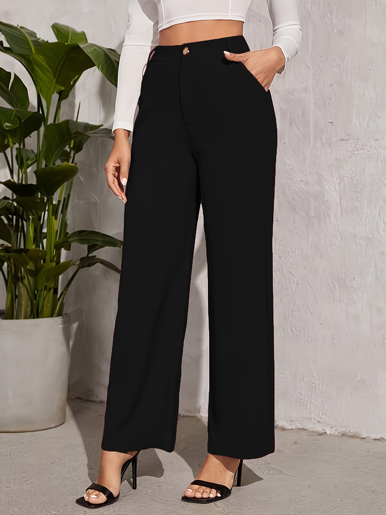 vlovelaw Solid High Waist Trousers, Straight Leg Dual Pockets Pants For Work & Office, Women's Clothing