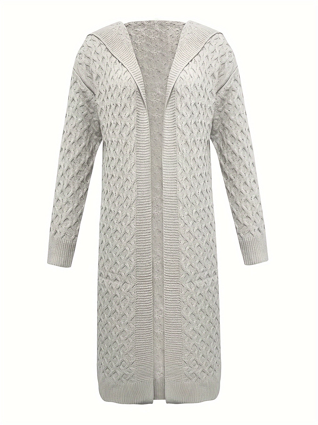 Solid Open Front Hooded Cardigan, Casual Long Sleeve Long Length Sweater For Fall & Winter, Women's Clothing