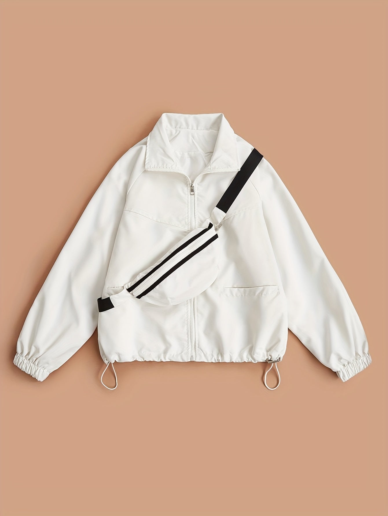 vlovelaw Solid Zip Up Jacket, Casual Long Sleeve Windproof Daily Outerwear With Bag, Women's Clothing