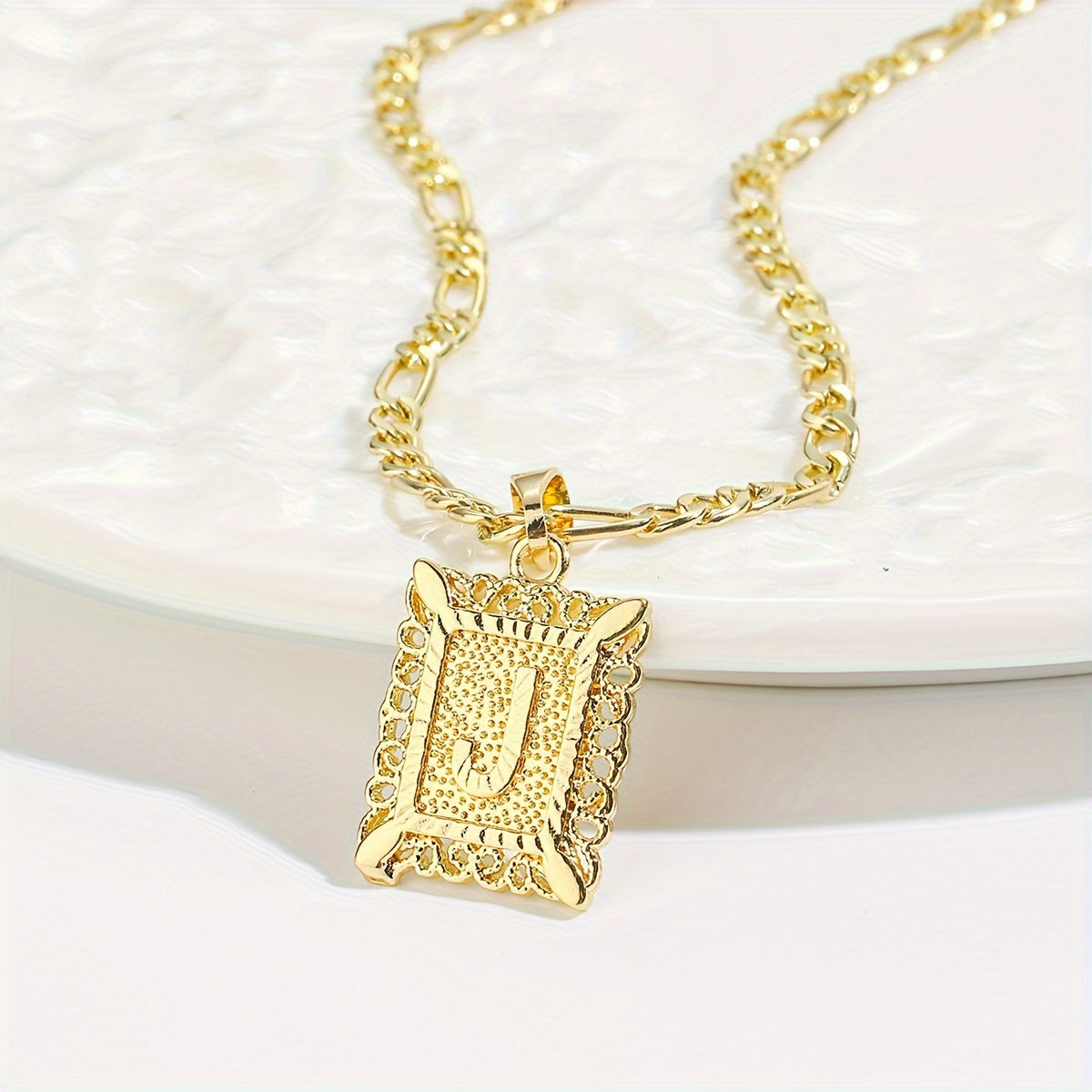 18K Gold Plated Square Monogram Pendant Necklace - Fashionable Personalized Alphabet Letter A-Z Figaro Chain Necklace for Men and Women - Copper Material, No Magnetic, No Mosaic, Plating-Free, Stylish Jewelry for Any Occasion