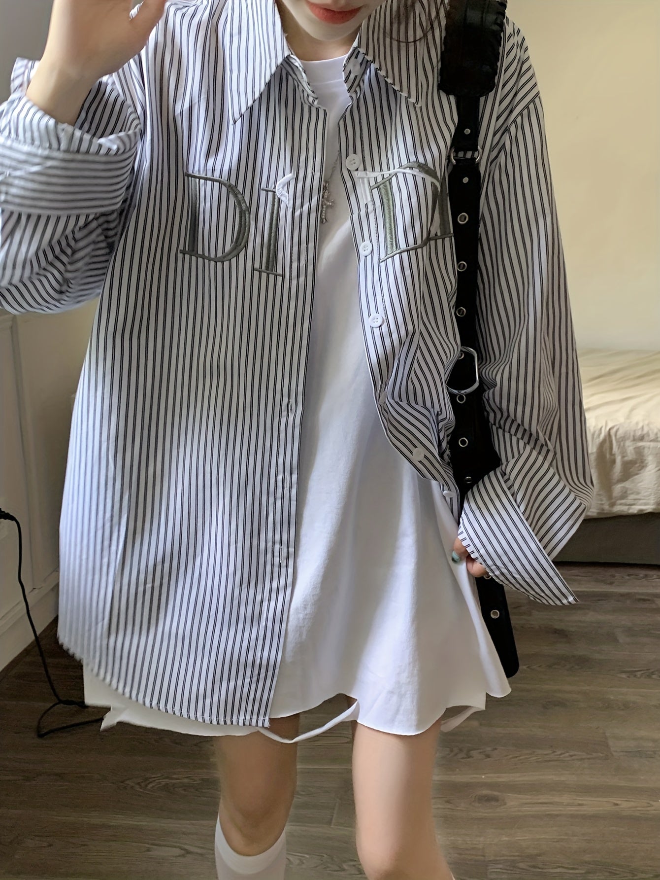 vlovelaw Letter & Stripe Pattern Shirt, Casual Button Front Long Sleeve Shirt, Women's Clothing