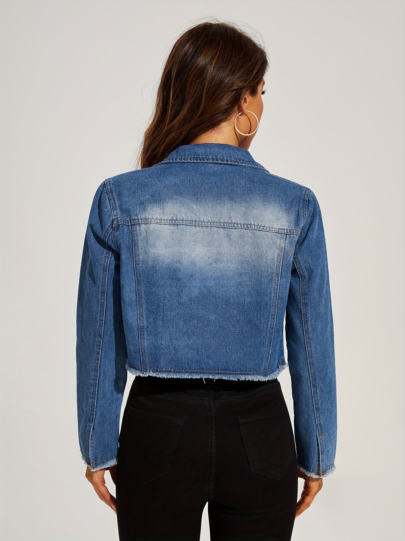 vlovelaw Blue Frayed Trim Denim Jackets, Long Sleeves Single-Breasted Button Lapel Denim Coats, Women's Denim Clothing