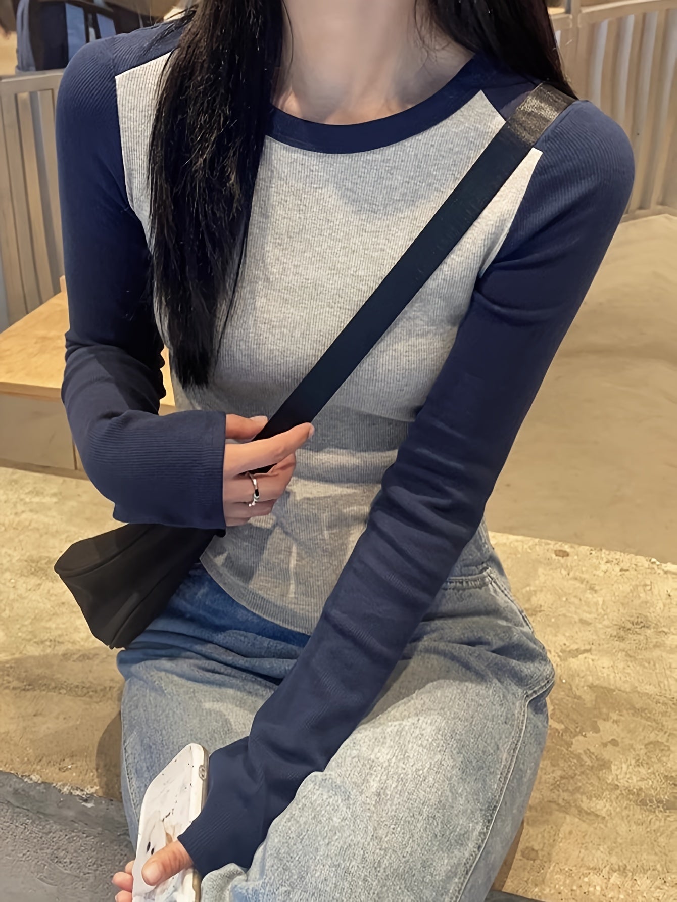 vlovelaw Color Block Crew Neck T-Shirt, Casual Long Sleeve T-Shirt For Spring & Fall, Women's Clothing