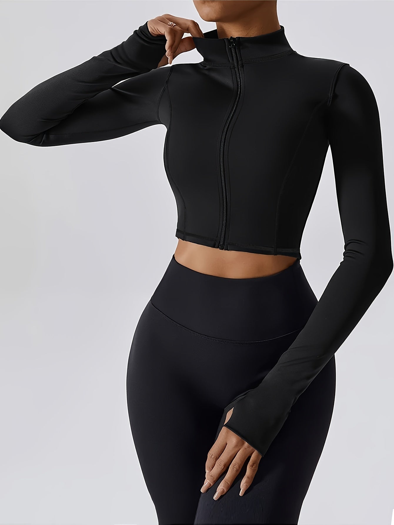 vlovelaw Solid Color Long Sleeve Thumb Hole Yoga Jacket, Casual Sports Running Top, Women's Tops