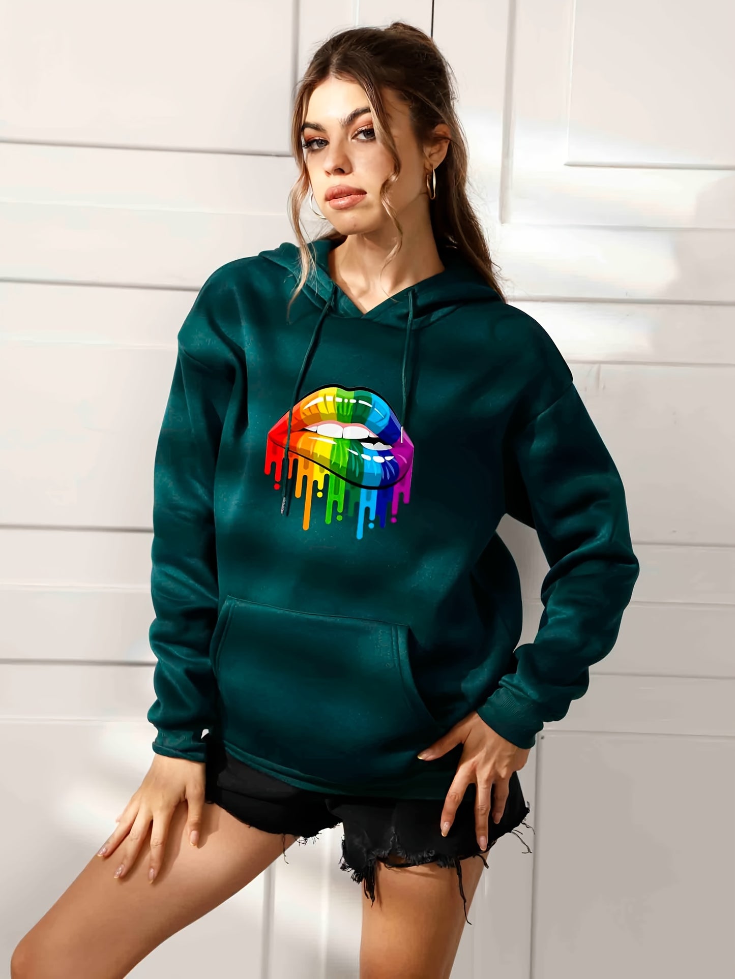 Rainbow Lip Print Casual Hoodies, Drawstring Long Sleeve Kangaroo Pocket Pullover Sweater, Women's Clothing