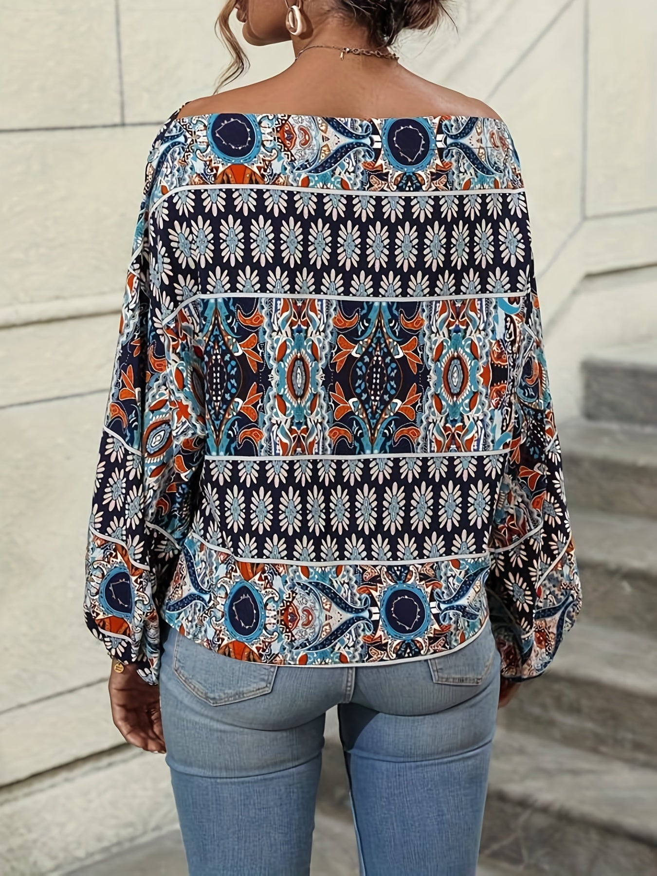 vlovelaw Ethnic Graphic Print Blouse, Casual Off Shoulder Long Sleeve Blouse, Women's Clothing