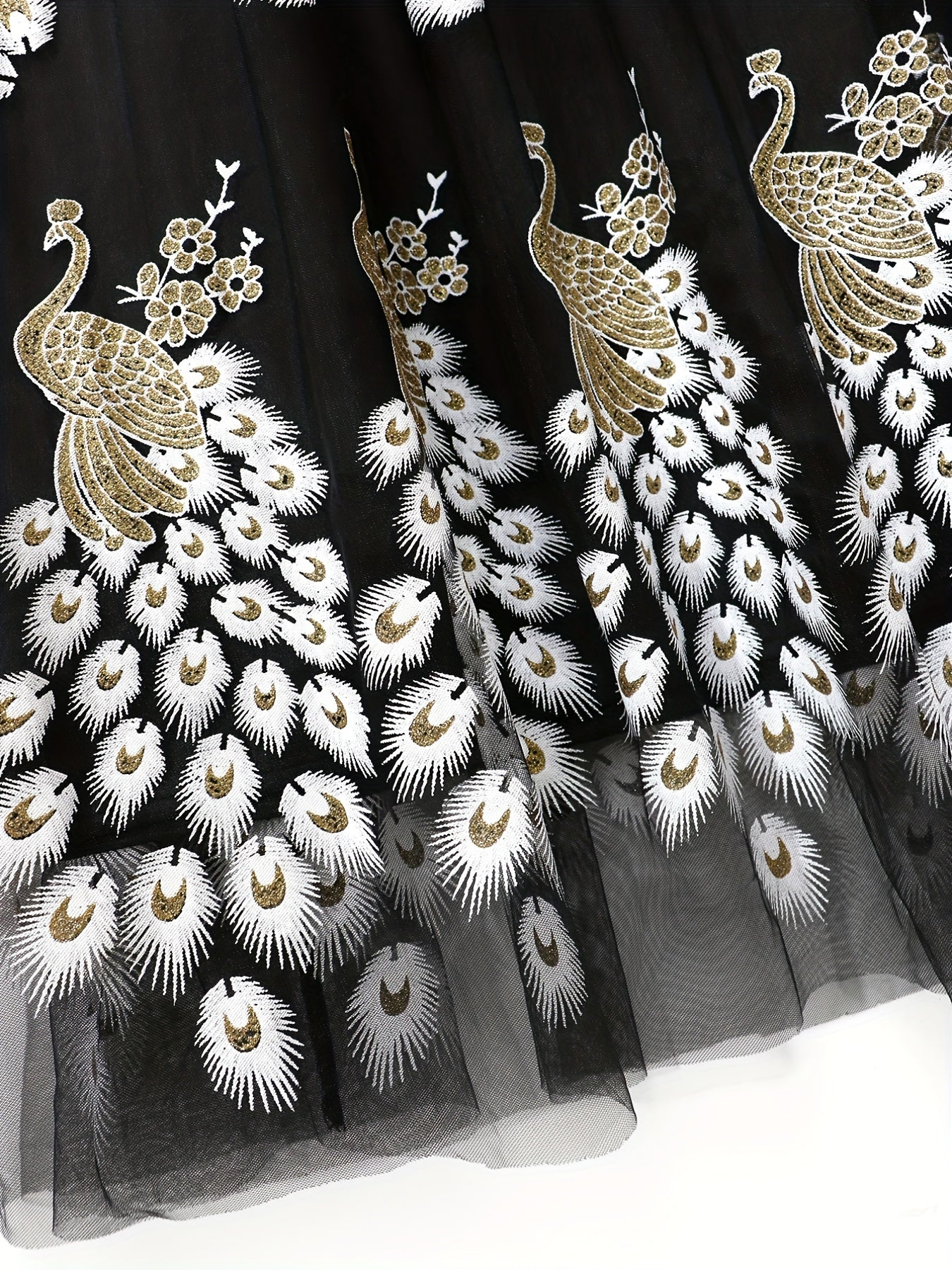 Plus Size Elegant Skirt, Women's Plus Peacock & Feather Print Elastic Waist Pleated Mesh Skirt
