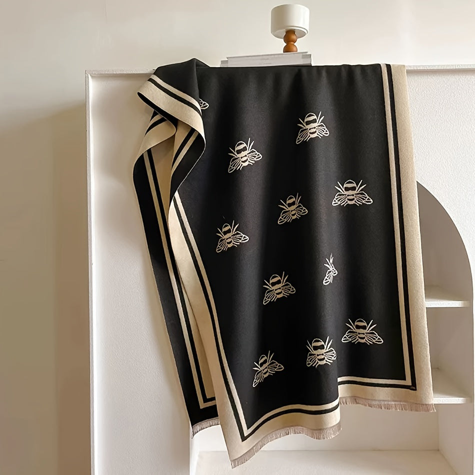 Bee Jacquard Scarf - Timeless Elegant Style, Ultra-Soft, Warm and Cozy, Fashionable Fringe, Windproof and Coldproof - Perfect for Autumn and Winter, Versatile Shawl Design, Cozy Blanket Scarf