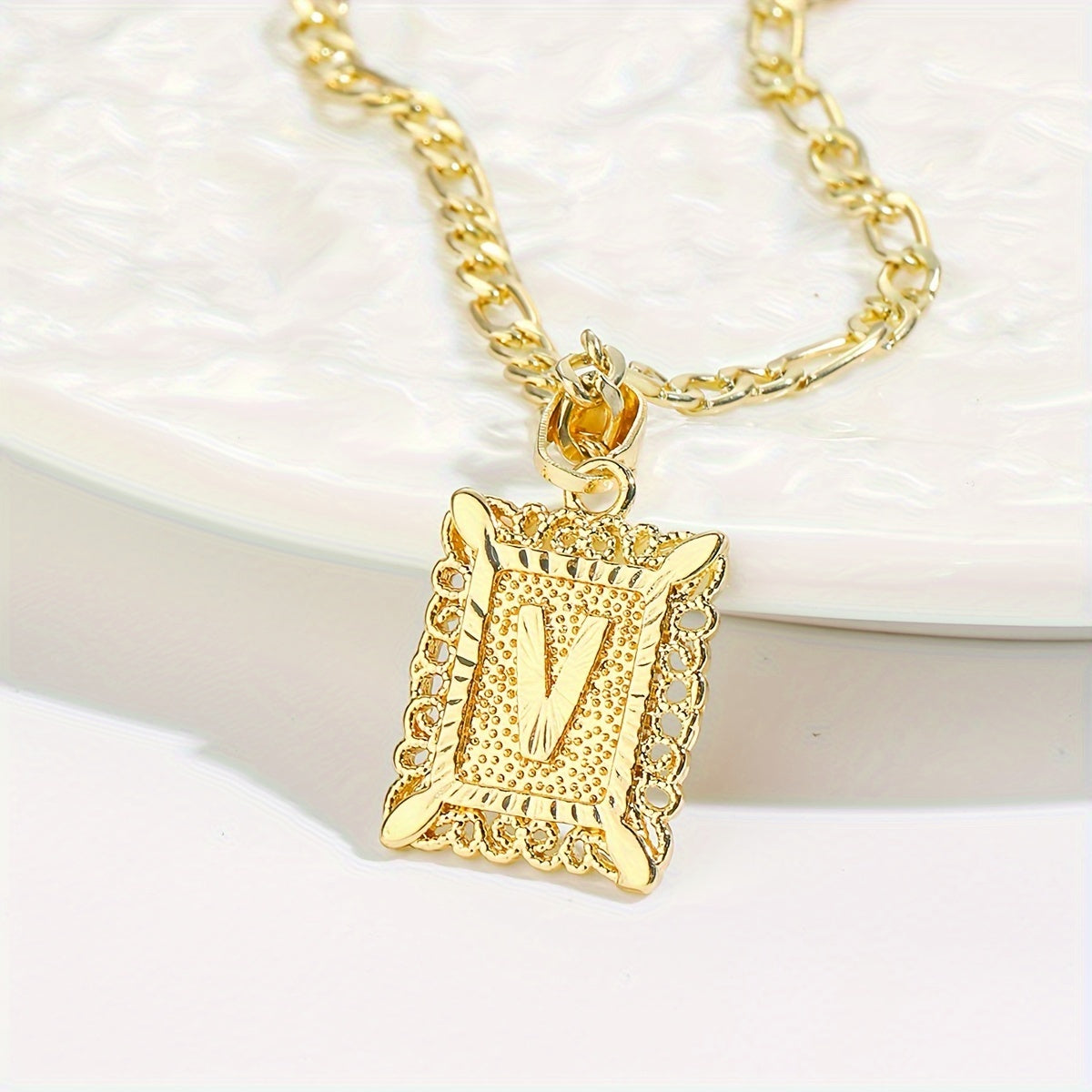 18K Gold Plated Square Monogram Pendant Necklace - Fashionable Personalized Alphabet Letter A-Z Figaro Chain Necklace for Men and Women - Copper Material, No Magnetic, No Mosaic, Plating-Free, Stylish Jewelry for Any Occasion