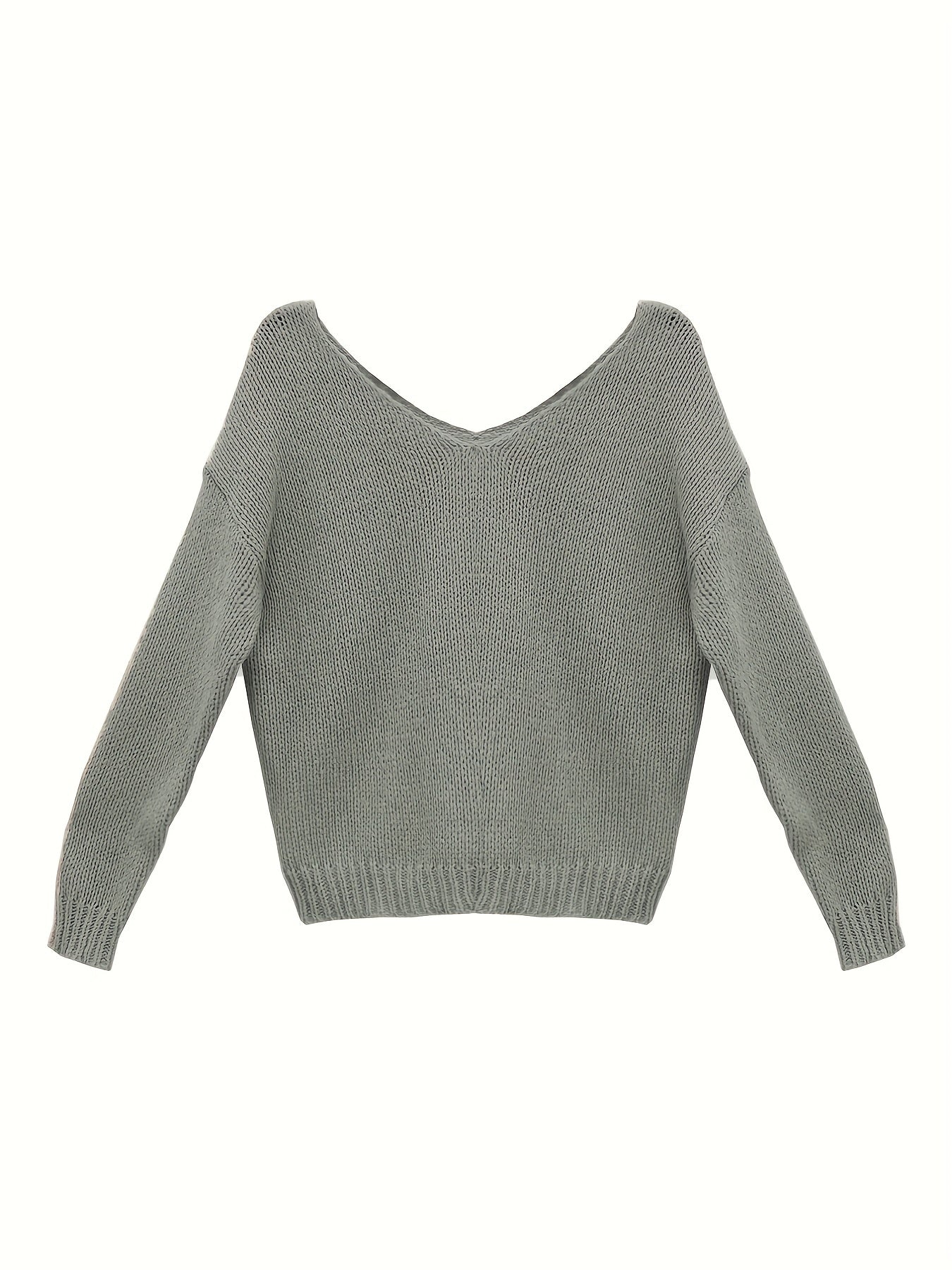Solid V Neck Knitted Top, Casual Long Sleeve Pullover Sweater For Spring & Fall, Women's Clothing