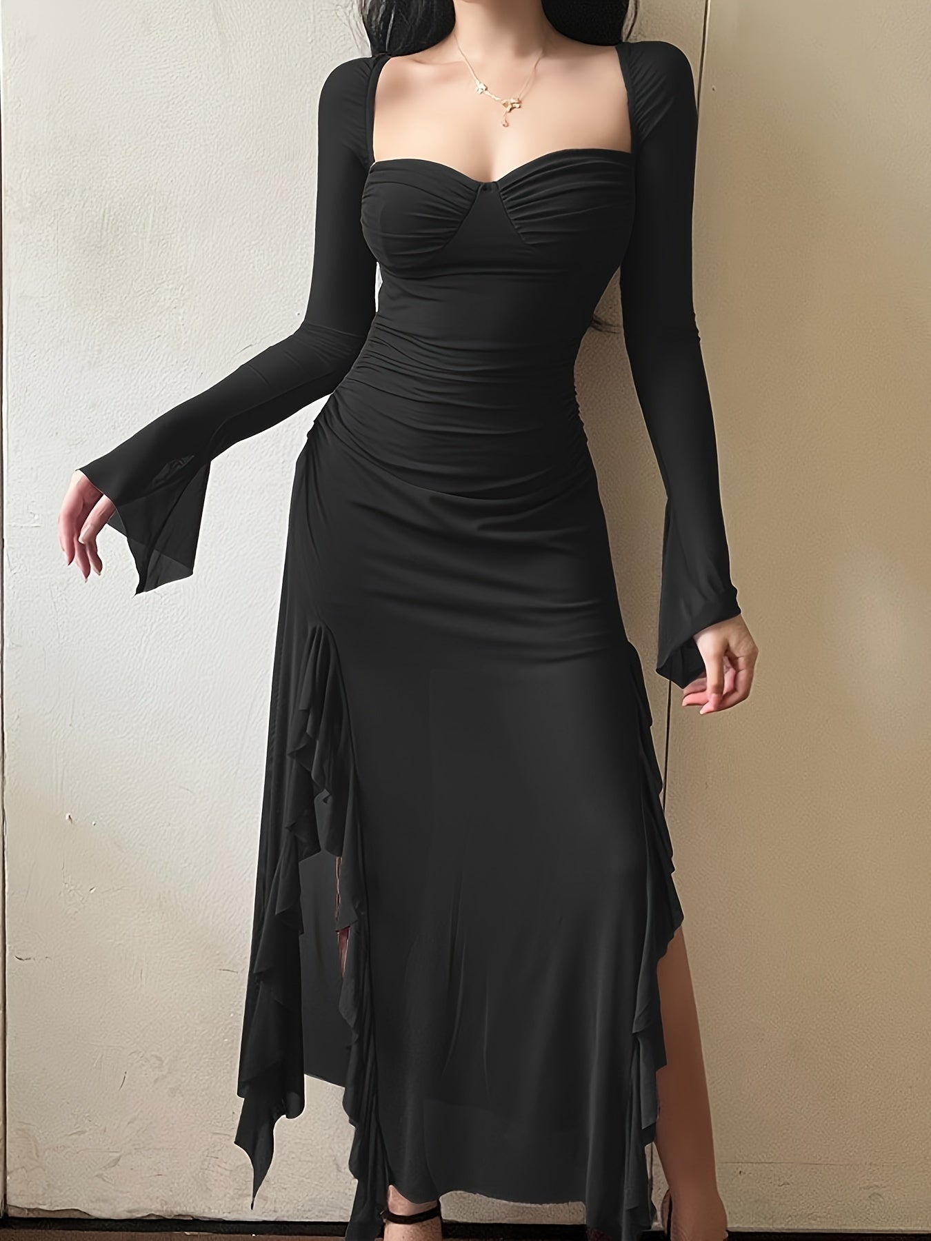 vlovelaw Solid Ruffle Trim Split Asymmetrical Dress, Elegant Flare Sleeve Mesh Ruched Dress, Women's Clothing