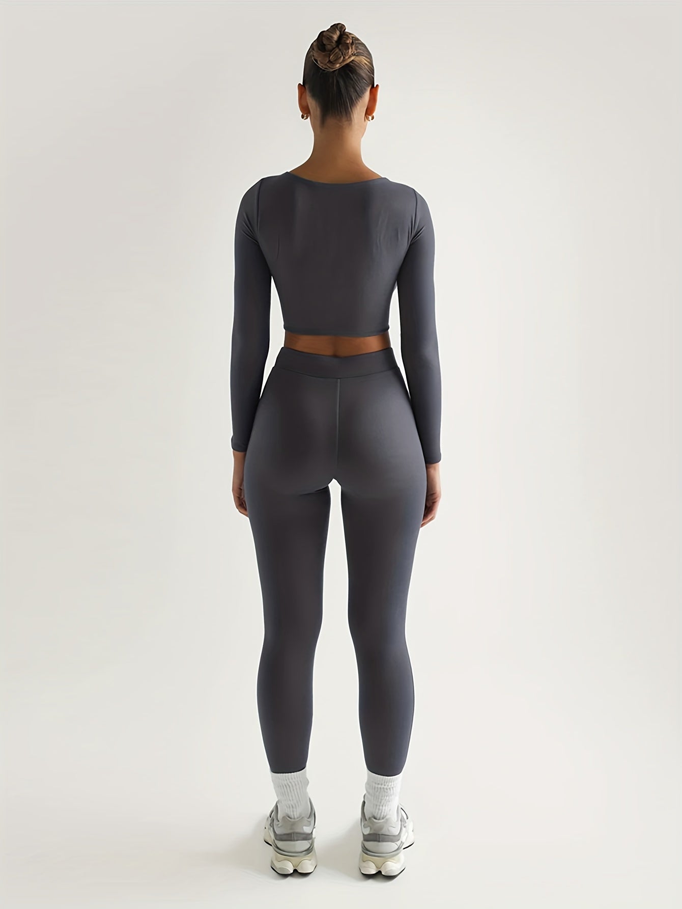 vlovelaw Solid Color Spring Casual Two-piece Set, U Neck Long Sleeve Crop Top & Skinny Pants Outfits, Women's Clothing